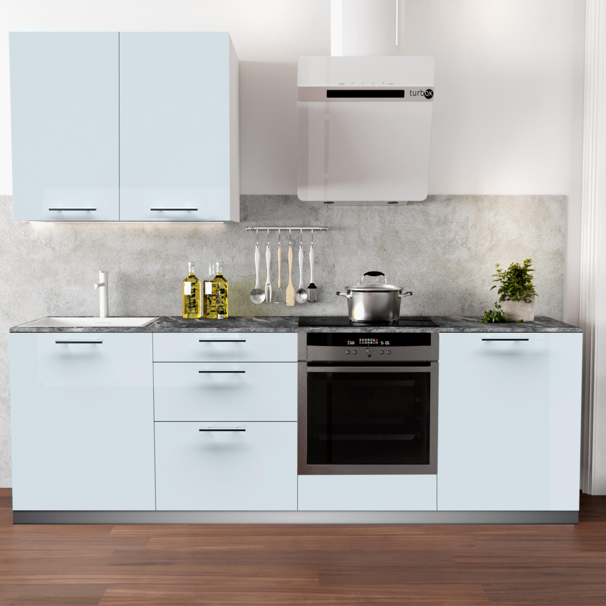 Cocina en kit atenas azul aguamarina 240 cm con 1 módulo alto + 4 módulos bajos