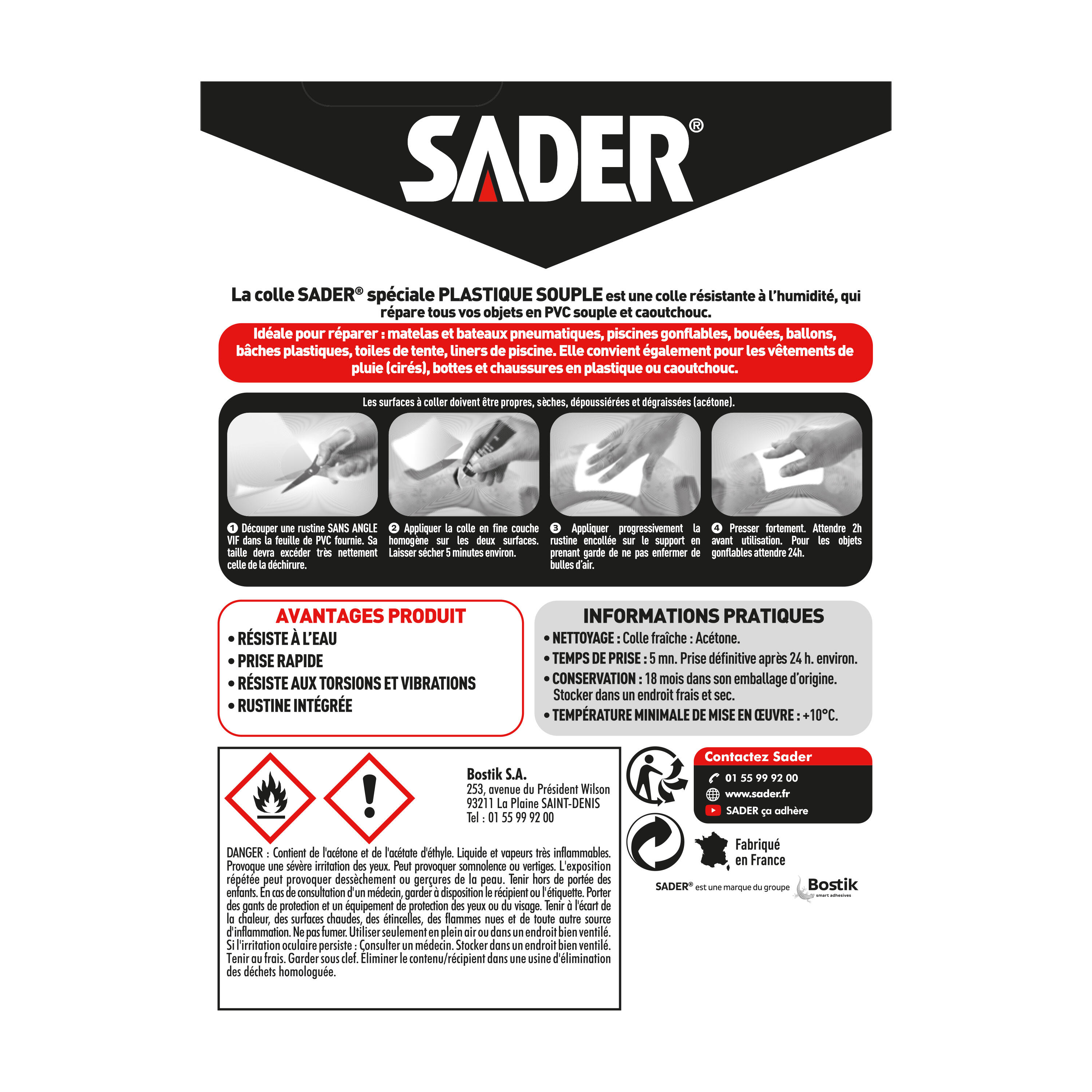 Colle d'assemblage liqui polyuréthane SADER Spécial plastique souple transp 12ml - 7