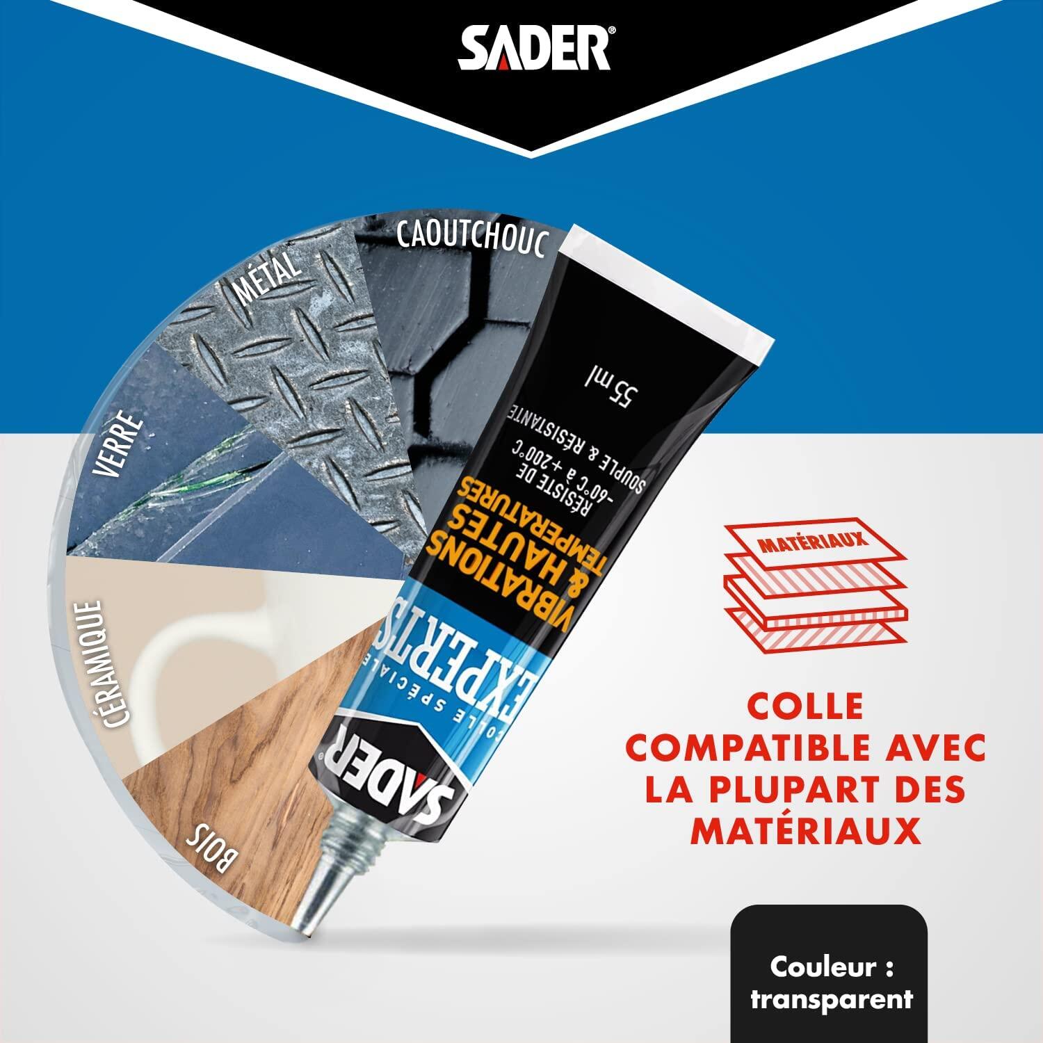 Colle de réparation MS polymère experts vibration/température SADER, 55ml transp - 2