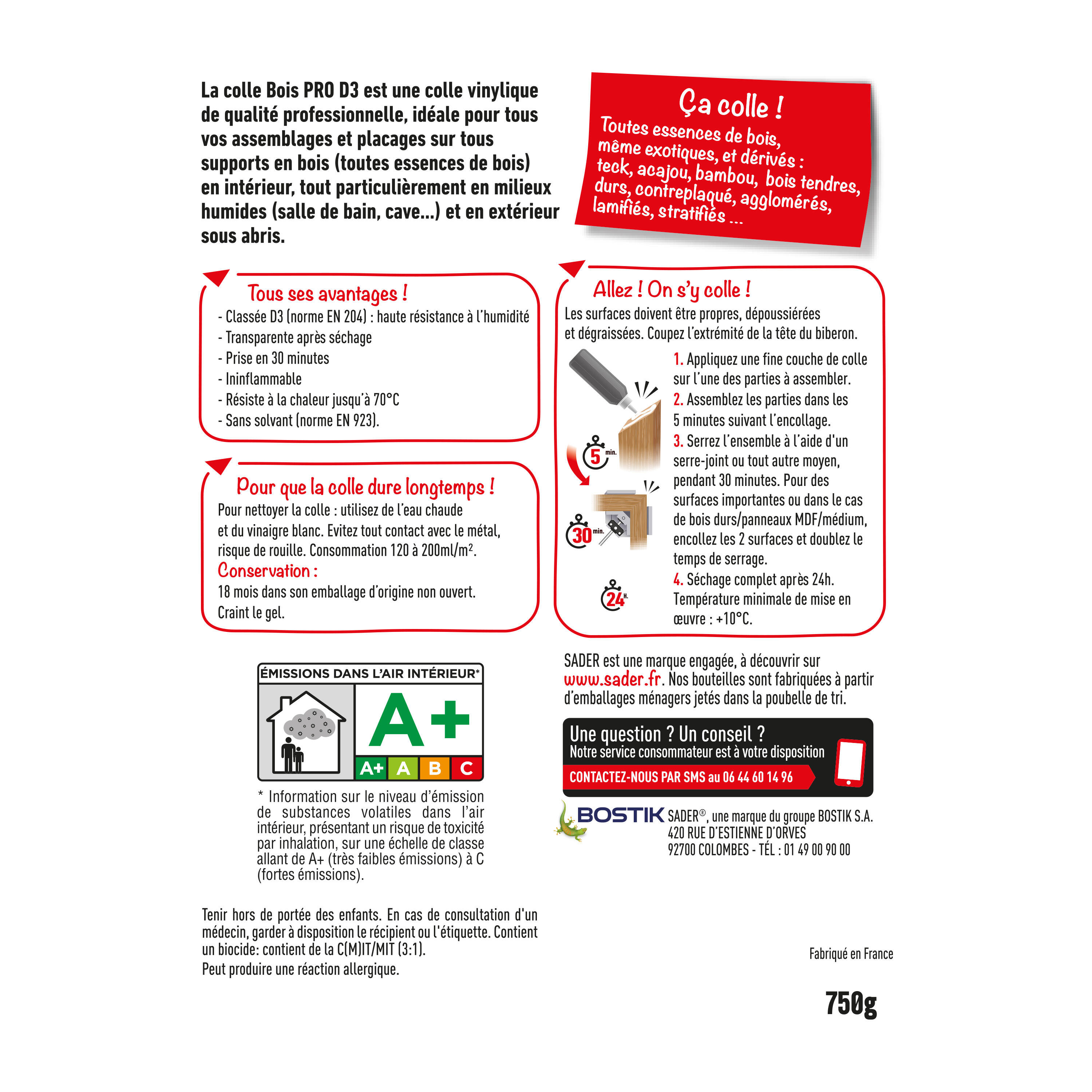 Colle d'assemblage liquide Bois pro d3 SADER, 750 g transparent - 6