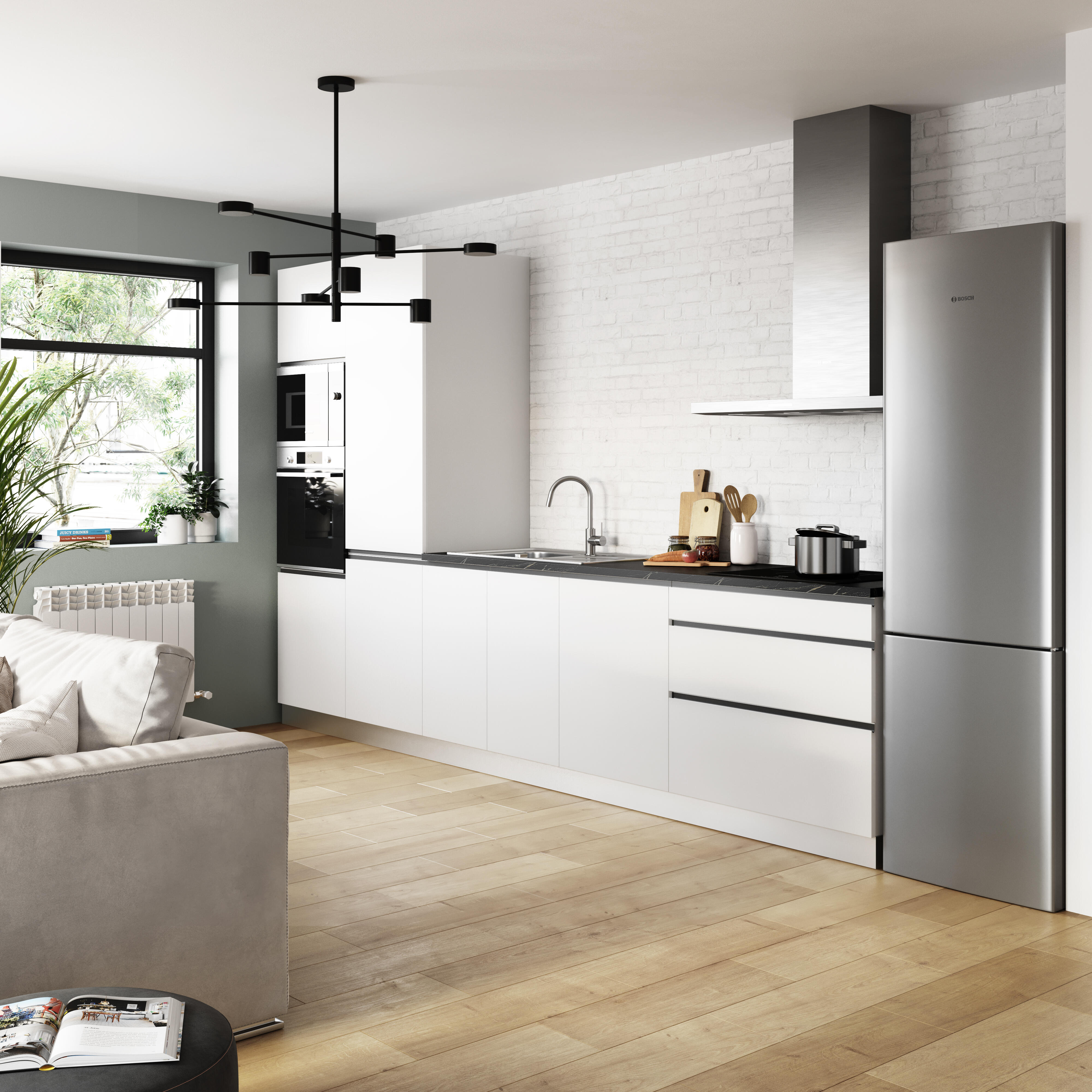 Cocina en kit blanco 360 cm con 2 columnas + 3 módulos bajos