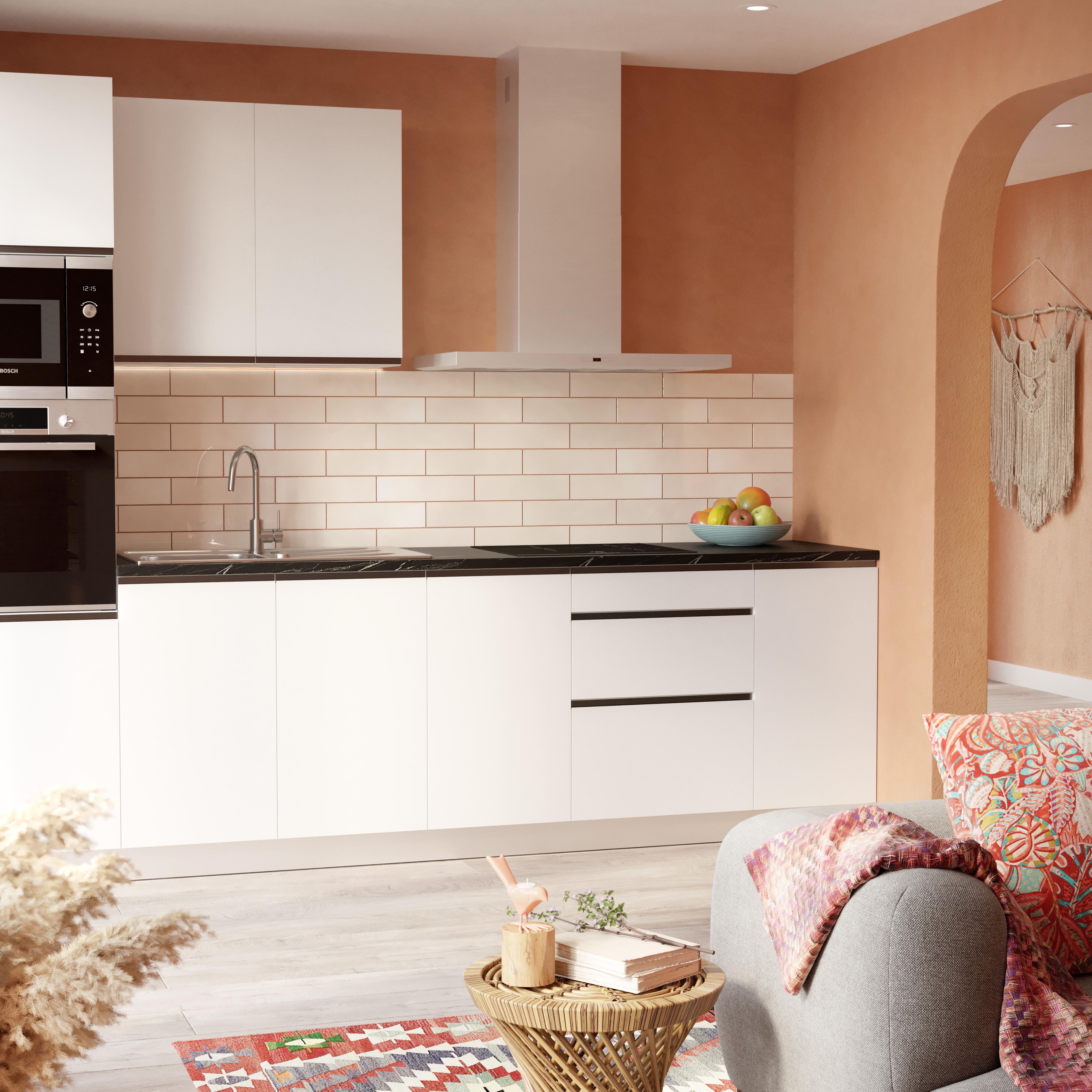 Cocina en kit blanco 300 cm con columna + 1 módulo alto + 4 módulos bajos