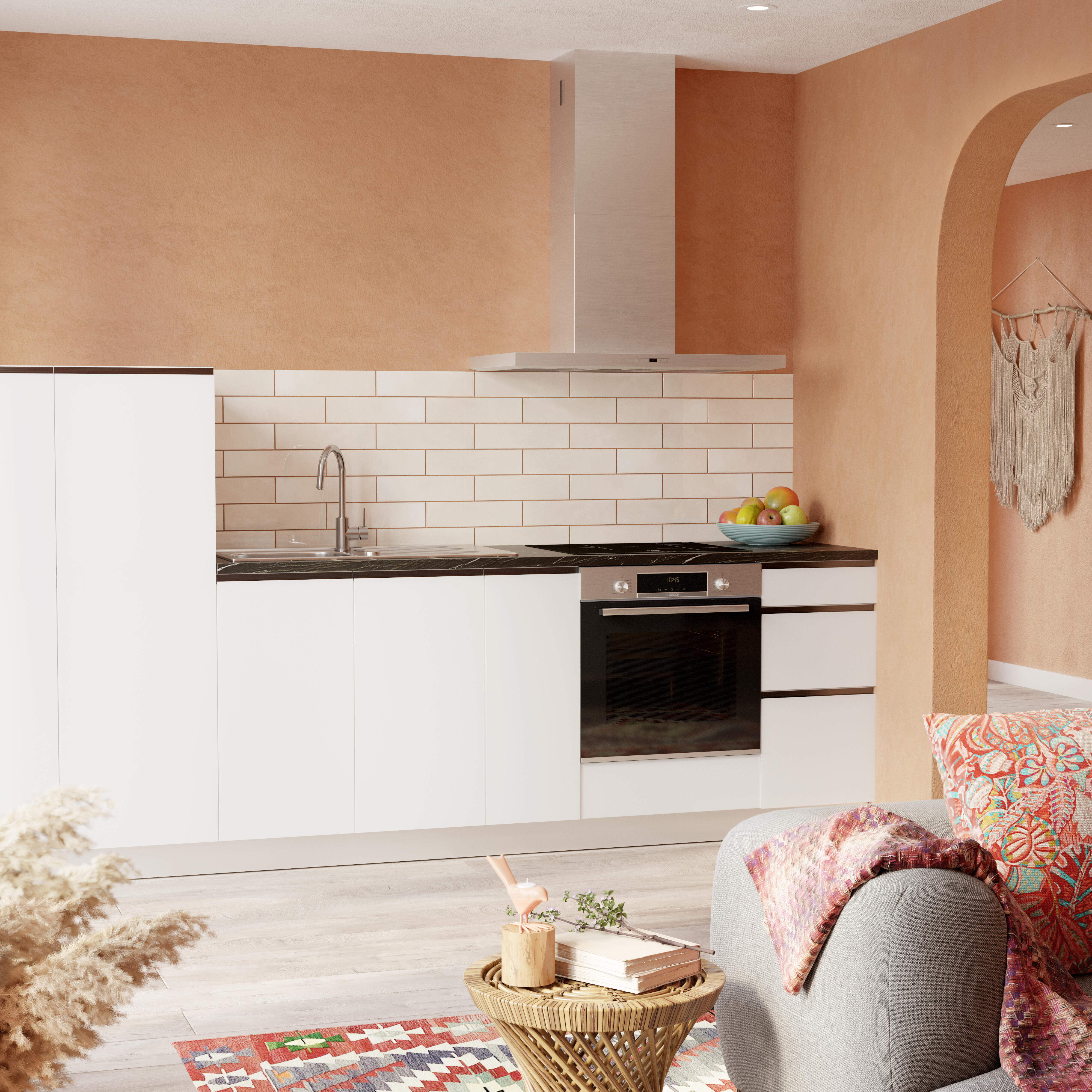 Cocina en kit blanco 300 cm con 2 semicolumnas + 4 módulos bajos
