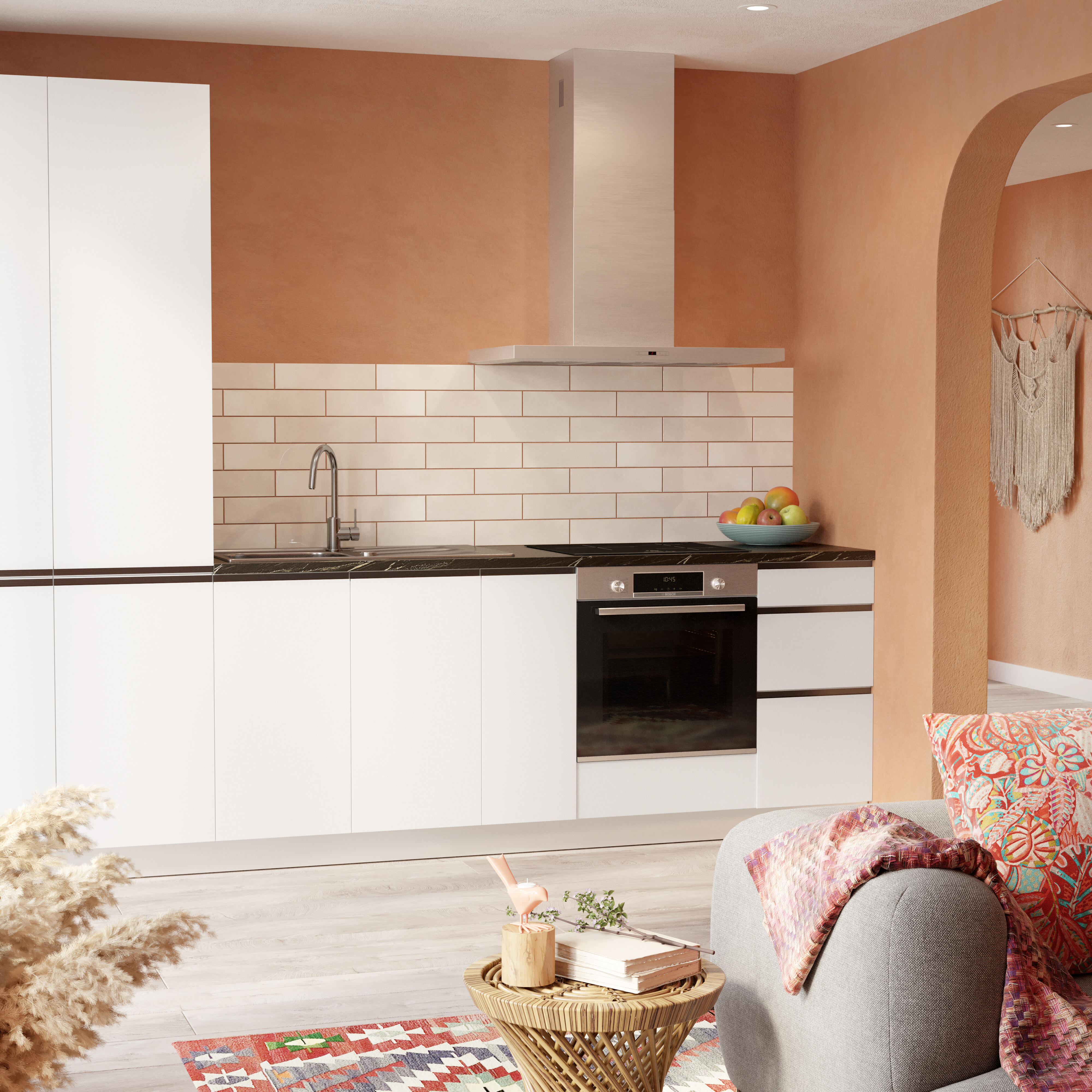 Cocina en kit blanco 300 cm con 2 columnas + 4 módulos bajos