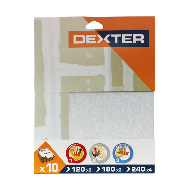 Lot de 10 papiers abrasifs DEXTER grains 3 x 120 / 3 x 180 / 4 x 240
