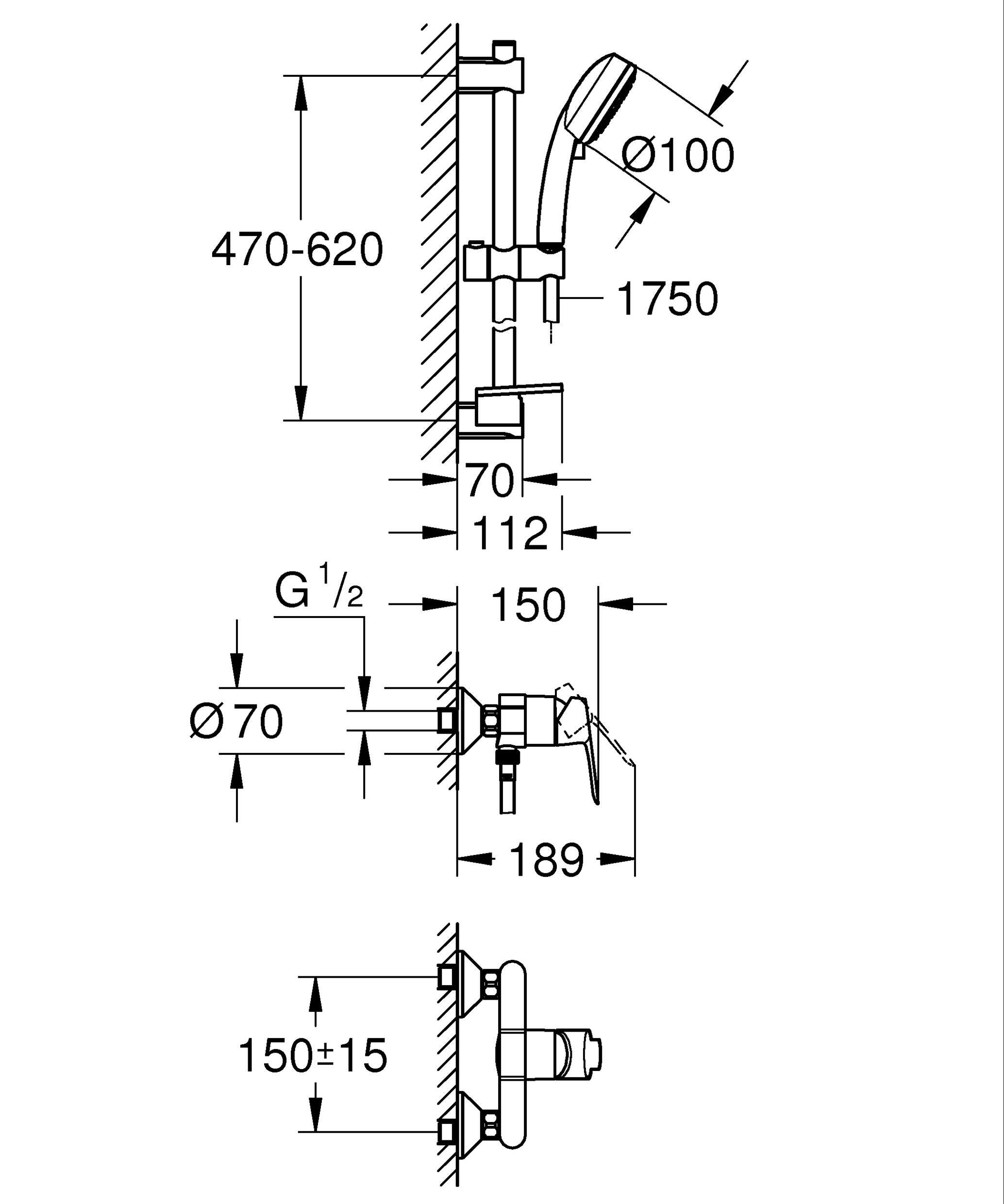 Ensemble de douche avec mitigeur chrome, GROHE, combibarre Clova méca - QuickFix - 2