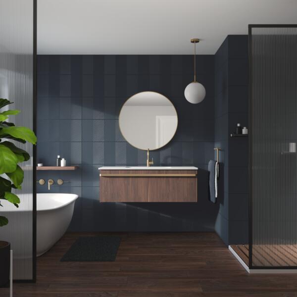 Azulejo cerámico arctic efecto relieve dark blue mate 3d 30x90 cm artens