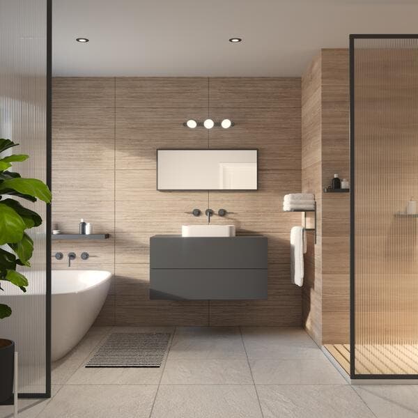 Casa de banho com um estilo nature com azulejos a imitar madeira
