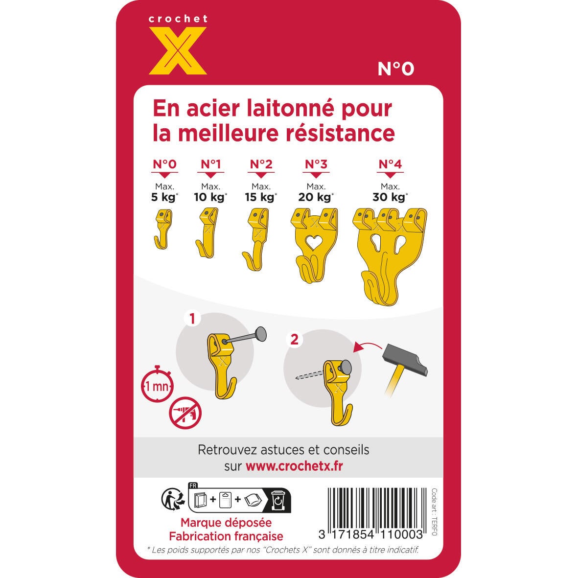 Lot de 12 crochets X TERF0 tableau, acier laitonné, support plâtre, brique, bois - 5