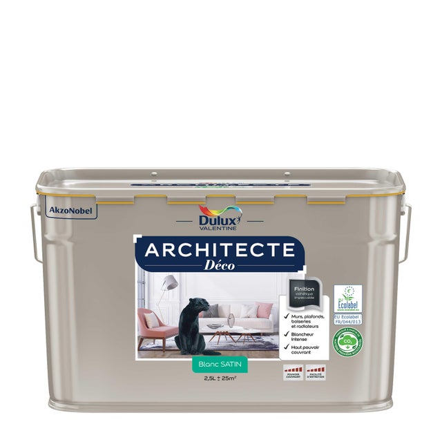 Peinture mur, plafond blanc satiné DULUX VALENTINE Architecte déco 2.5l