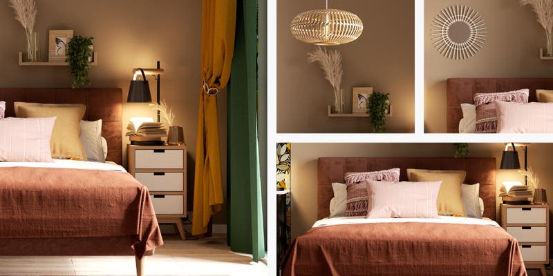 Accogliente interno boho di elegante camera da letto con letto e