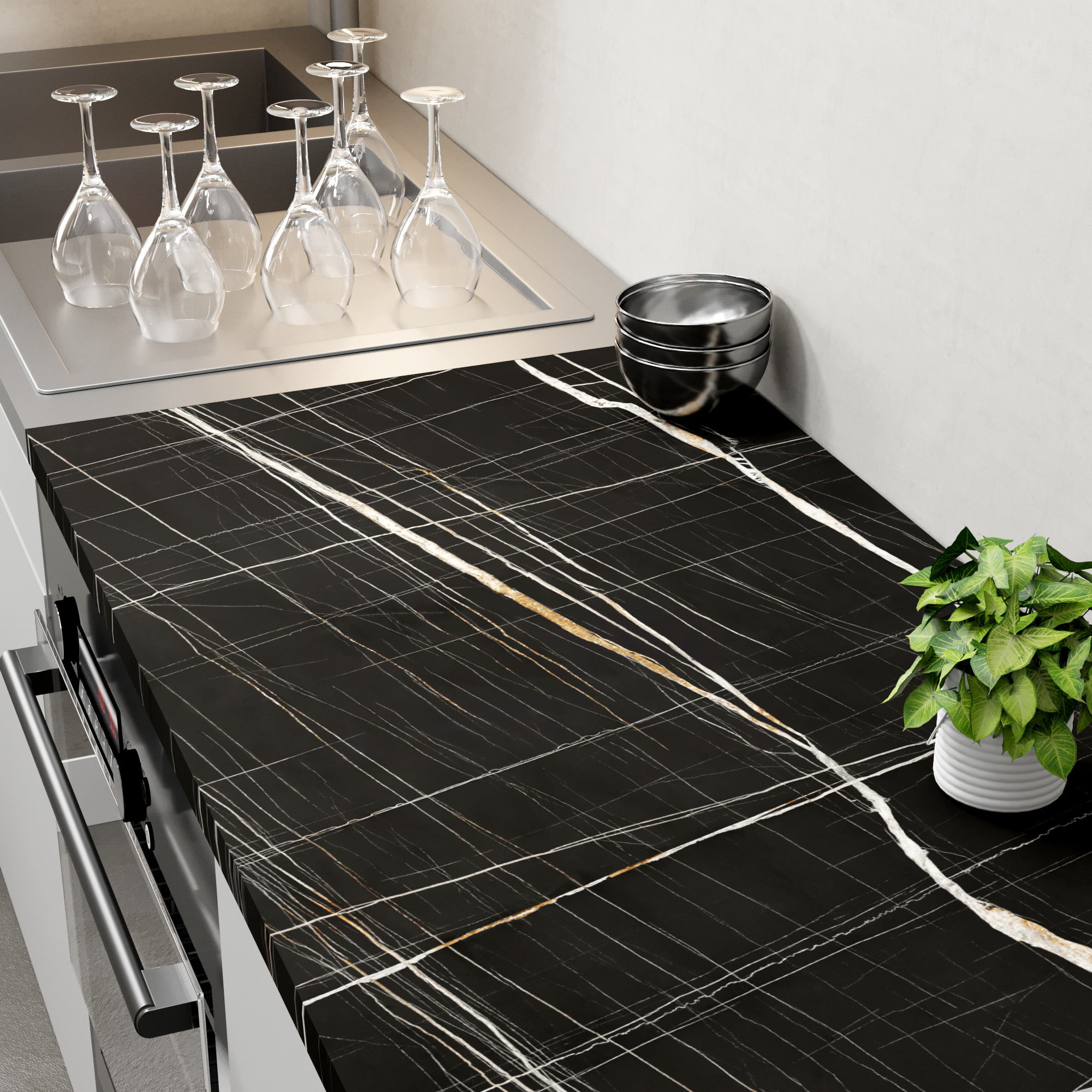 Encimera de cocina laminada compacta Tokyo marmol negro 300x63 cm espesor 12mm - 4