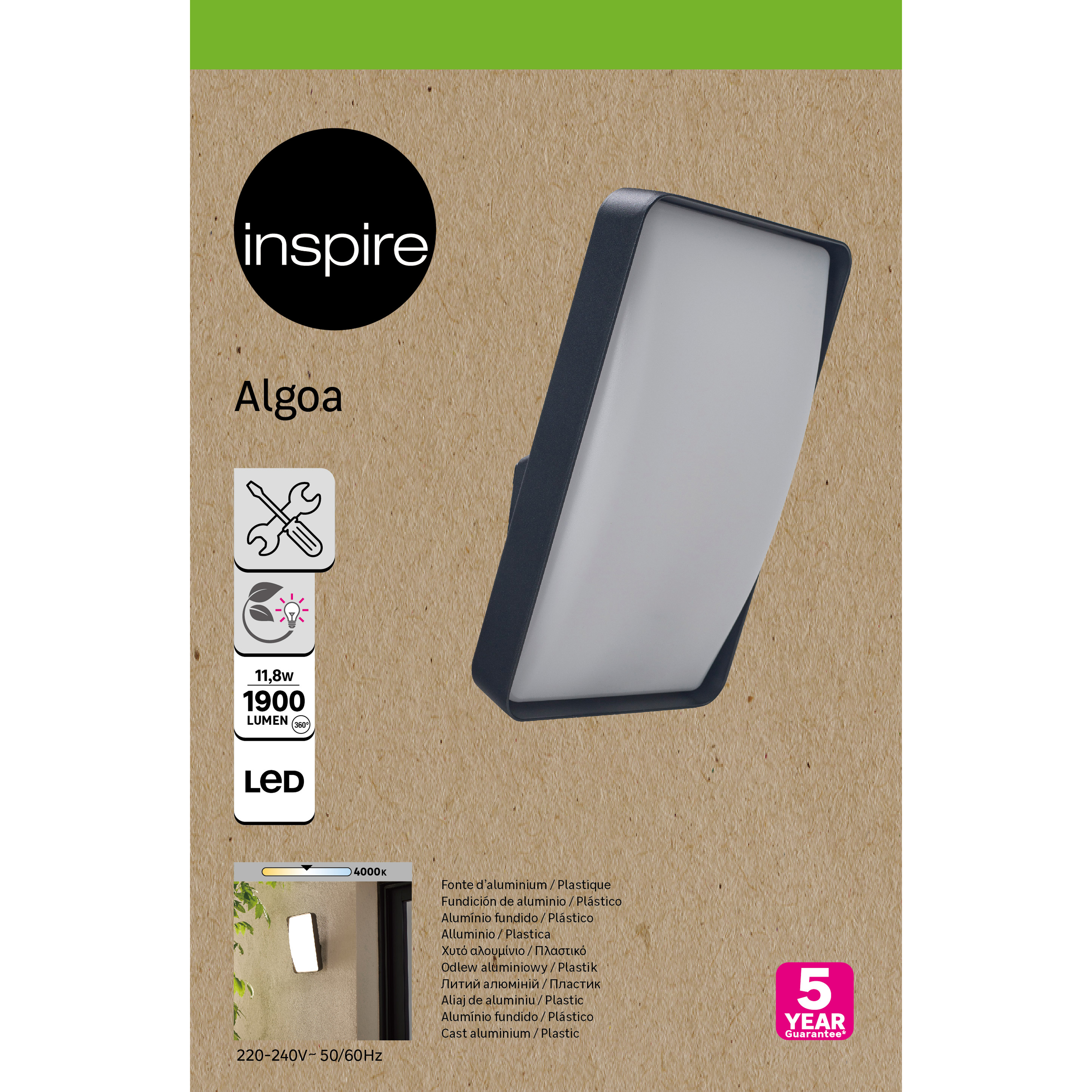 Applique LED, aluminium / polycarbonate, gris, Algoa, INSPIRE - 4