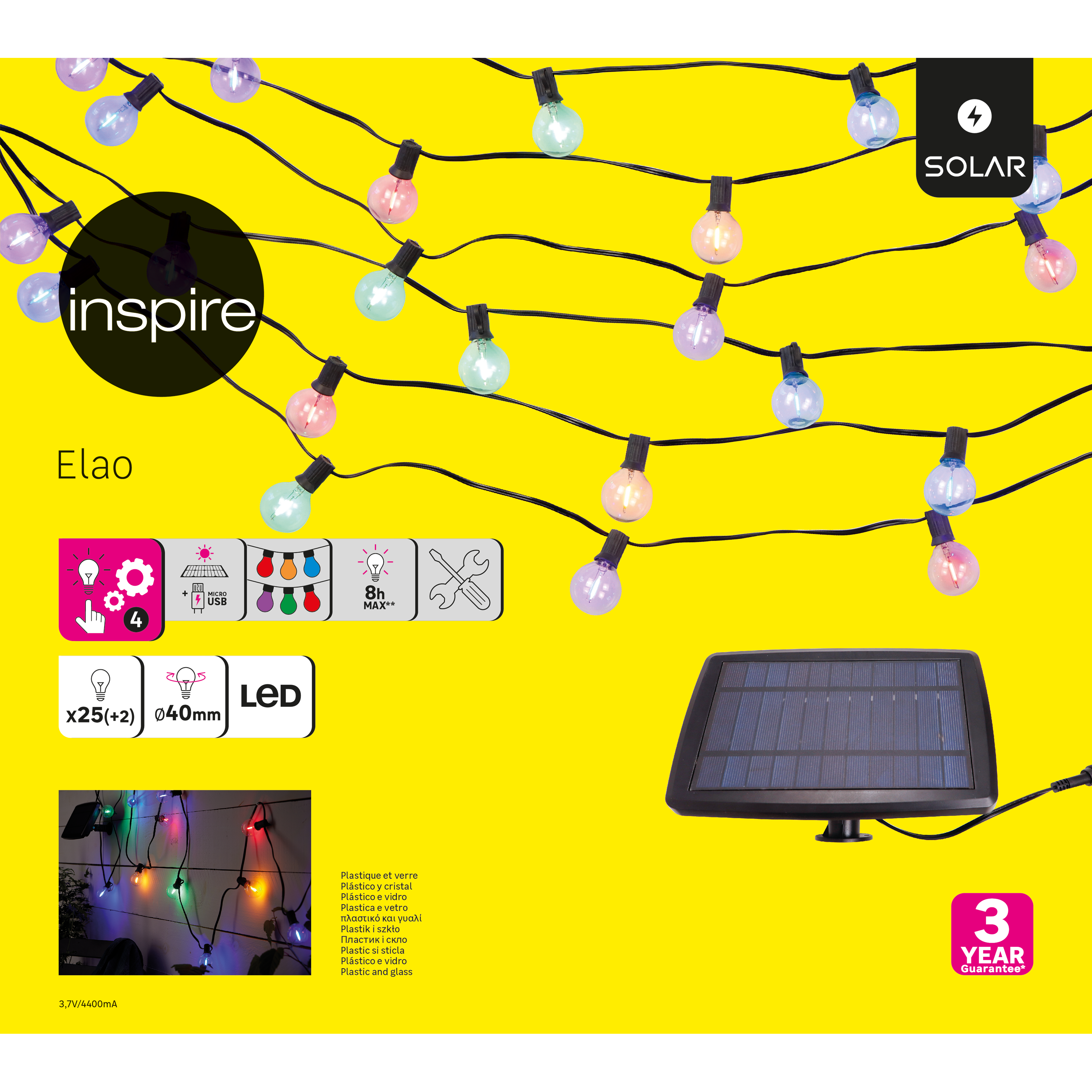 Guirnalda solar exterior LED 25 luces 8 m multicolor con sensor crepuscular INSPIRE ELAO carga USB IP44 y 8h aprox. con carga llena - 12
