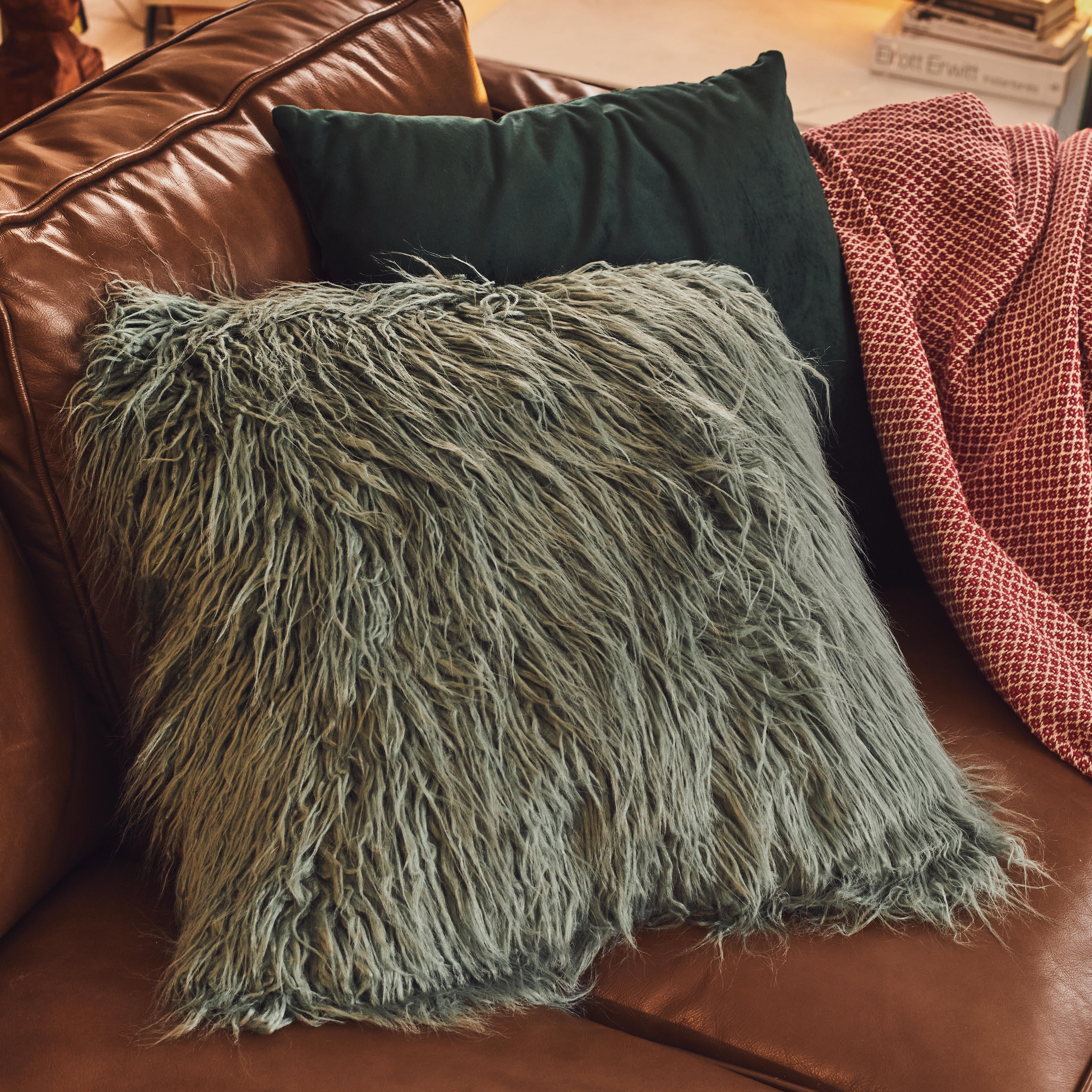 Coussin Dolma, imitation fourrure, gris bleu l.38 x H.38 cm - 5