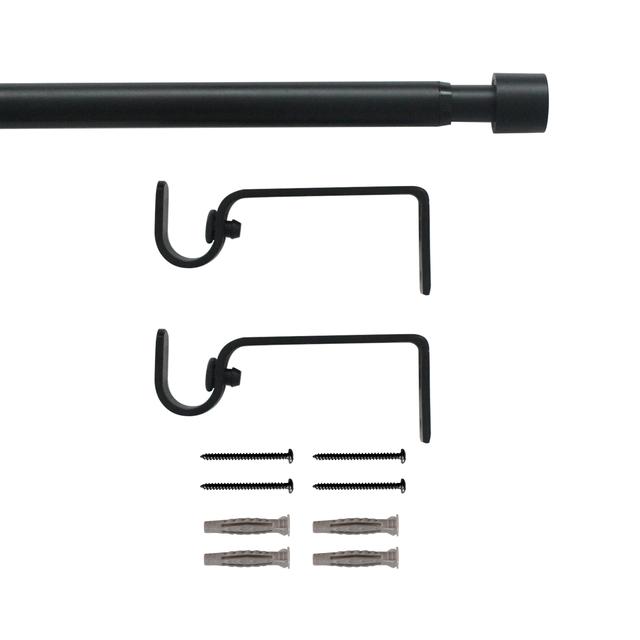 Kit 1 barra para cortina acero negro mate a pared, ventana, entre 2 paredes Tapón INSPIRE diámetro 16 mm extensible 120-210 cm