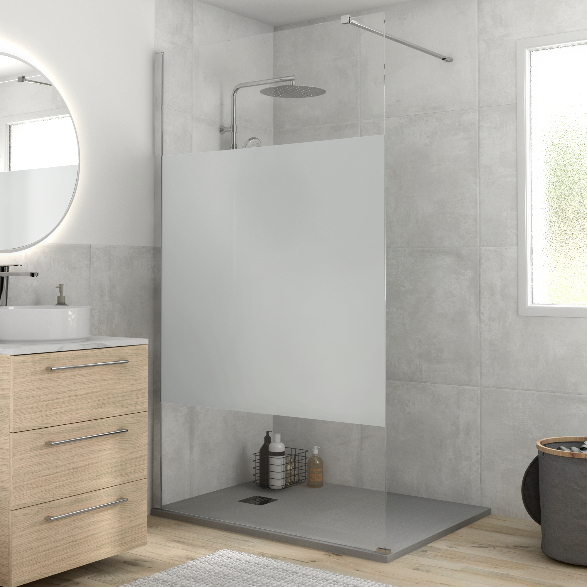 Mampara de ducha fija serigrafiada remix perfil aluminio cromo (117-118.5)x200 cm cristal 8mm antical 1 barra de estabilización 120 cm (recortable) marca sensea