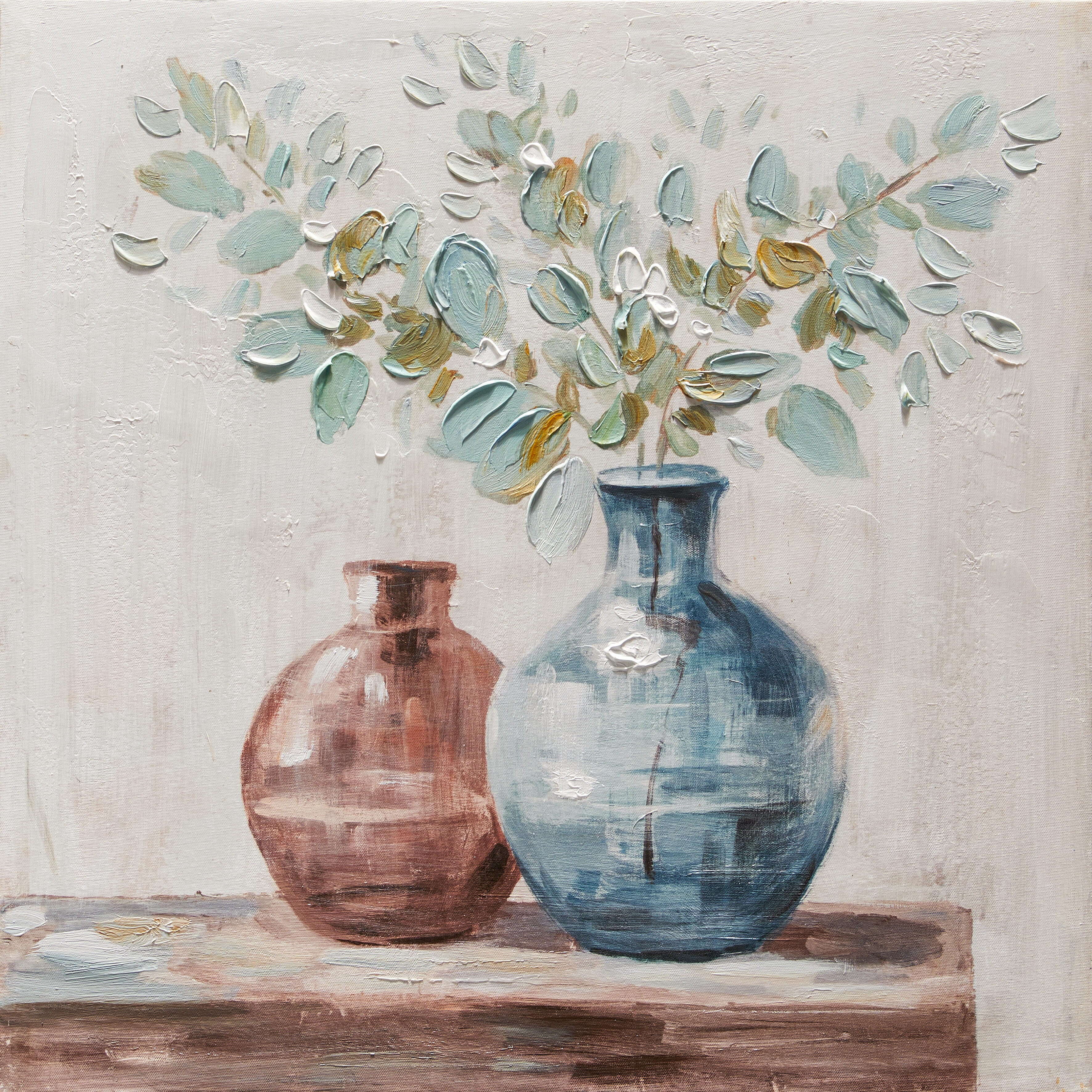 Pintura sin marco Botánica cuadrada de 60 x 60 cm. Loneta Original Vasos Flores azul - 2