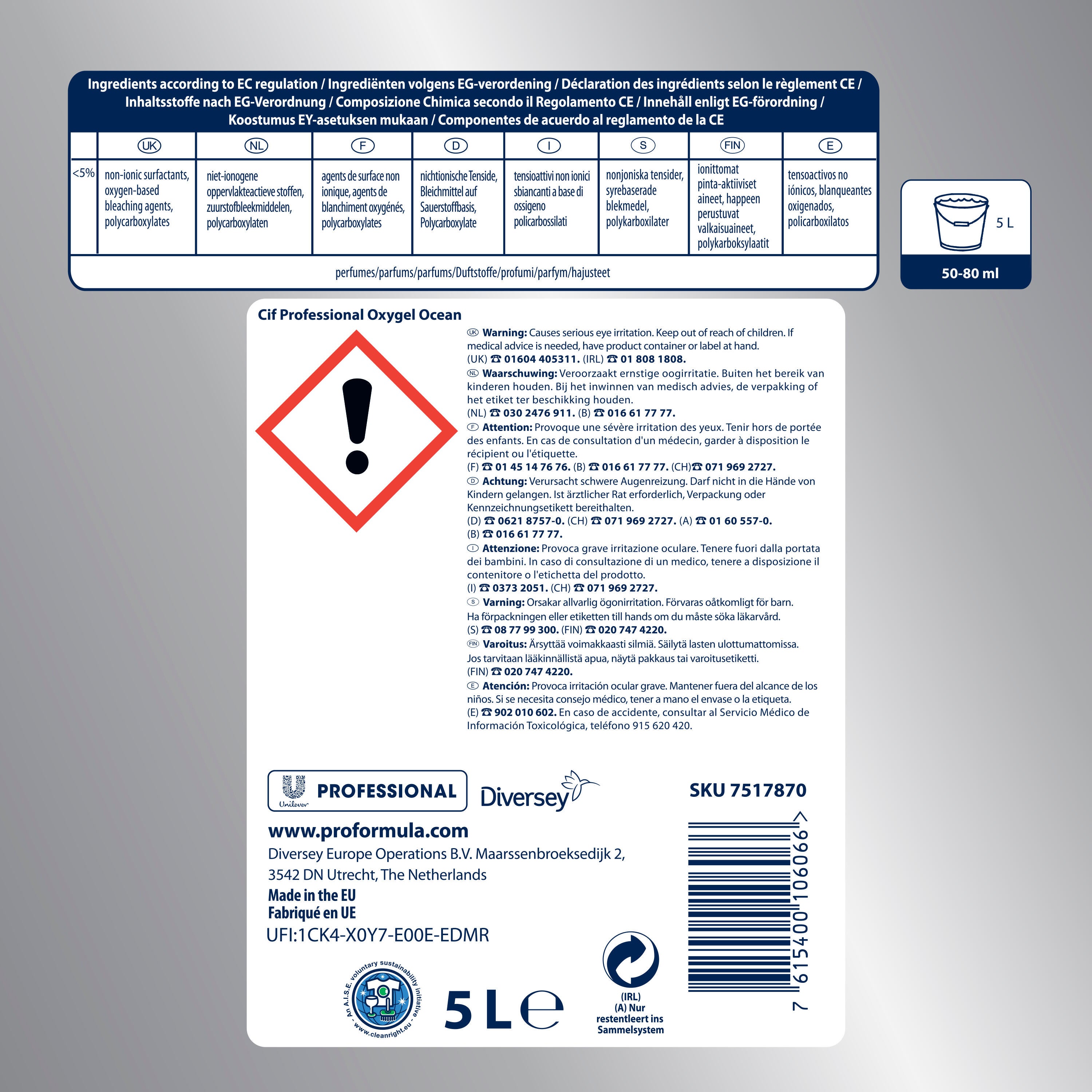 Nettoyant CIF PRO FORMULA Oxy-gel multi-usages océan, 5L - 2