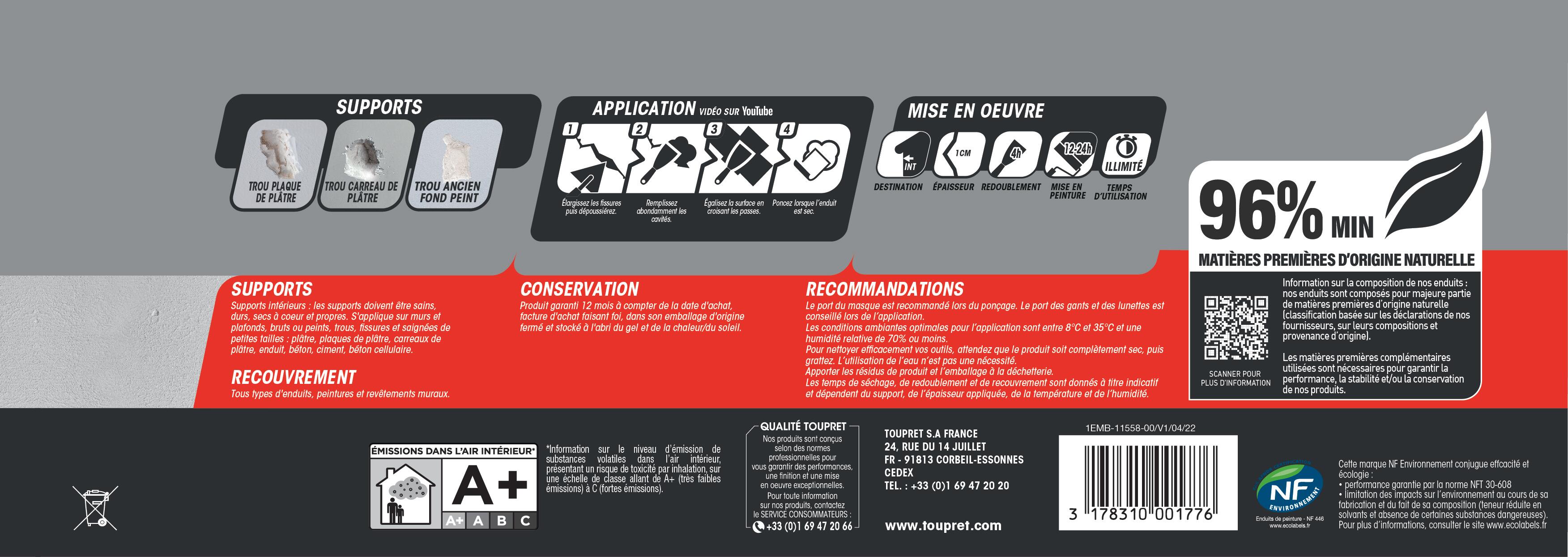Enduit de rebouchage en pâte Façade TOUPRET blanc 1 kg - 4