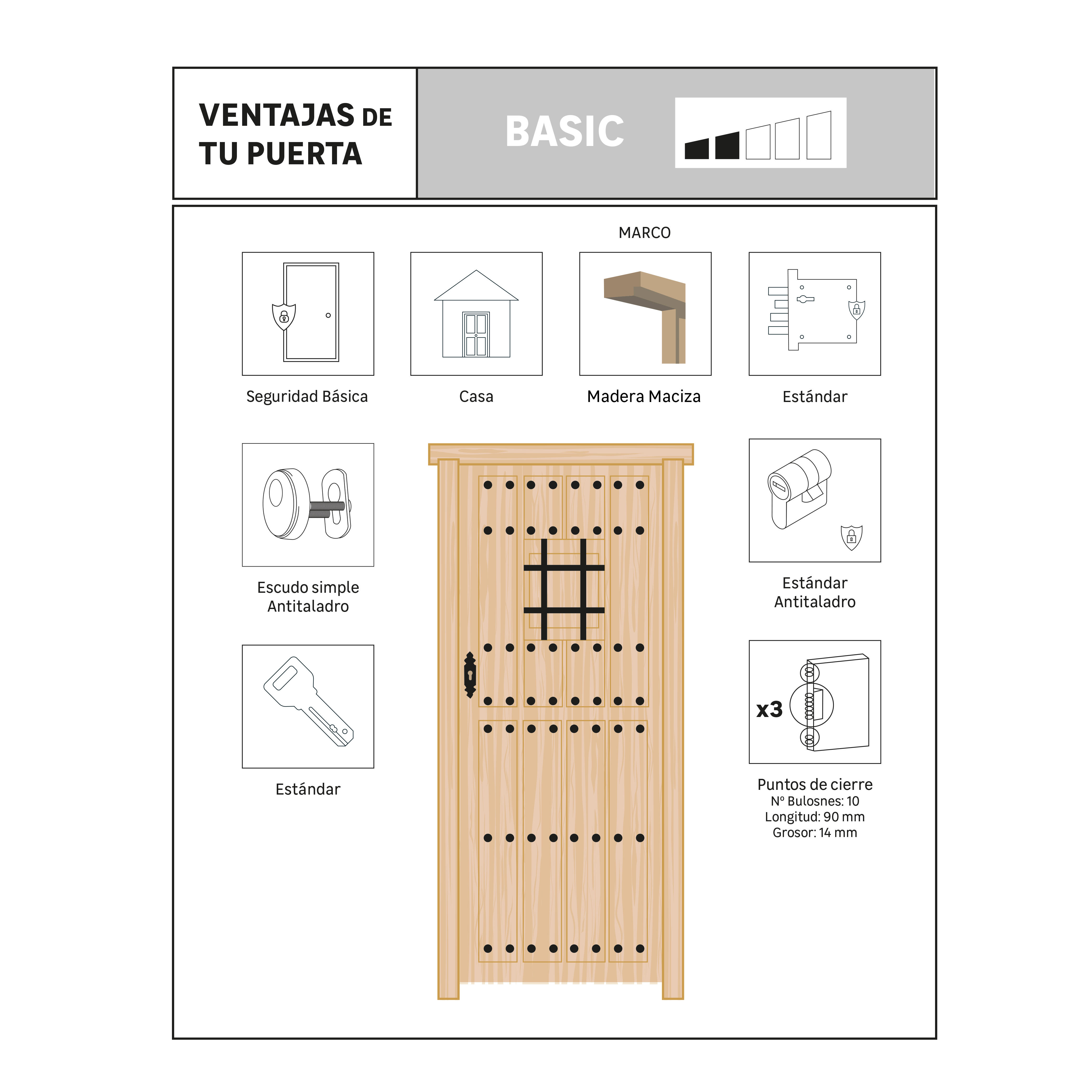Puerta de entrada madera pino partida con reja diseño rústico color pino apertura derecha 210x95cm - 7