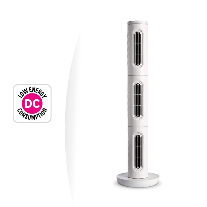Ventilador de torre com motor DC. 5 anos de garantia, ventilador silencioso e economizador de energia