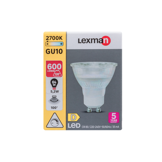 Bombilla LED GU10 600 lúmenes 5.2W color de la luz blanco cálido 2700K CRI 89-80 luz natural y fiel clase energética D