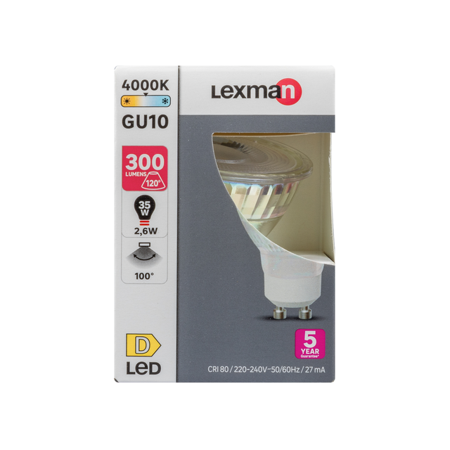 Ampoule led réflecteur GU10, 100°, 300Lm = 35W, blanc neutre, LEXMAN
