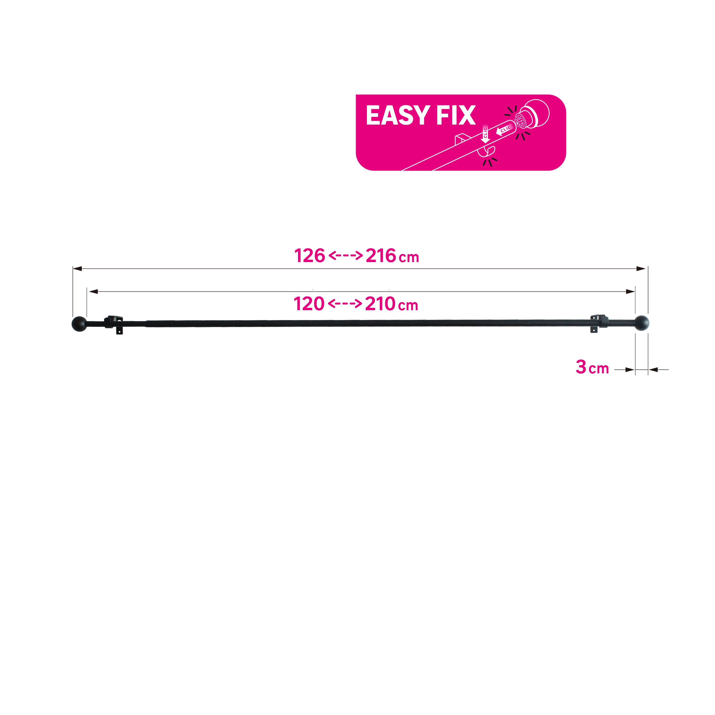 Kit varão extensível INSPIRE BOLA D13/16CM 120-210CM PRETO - 5