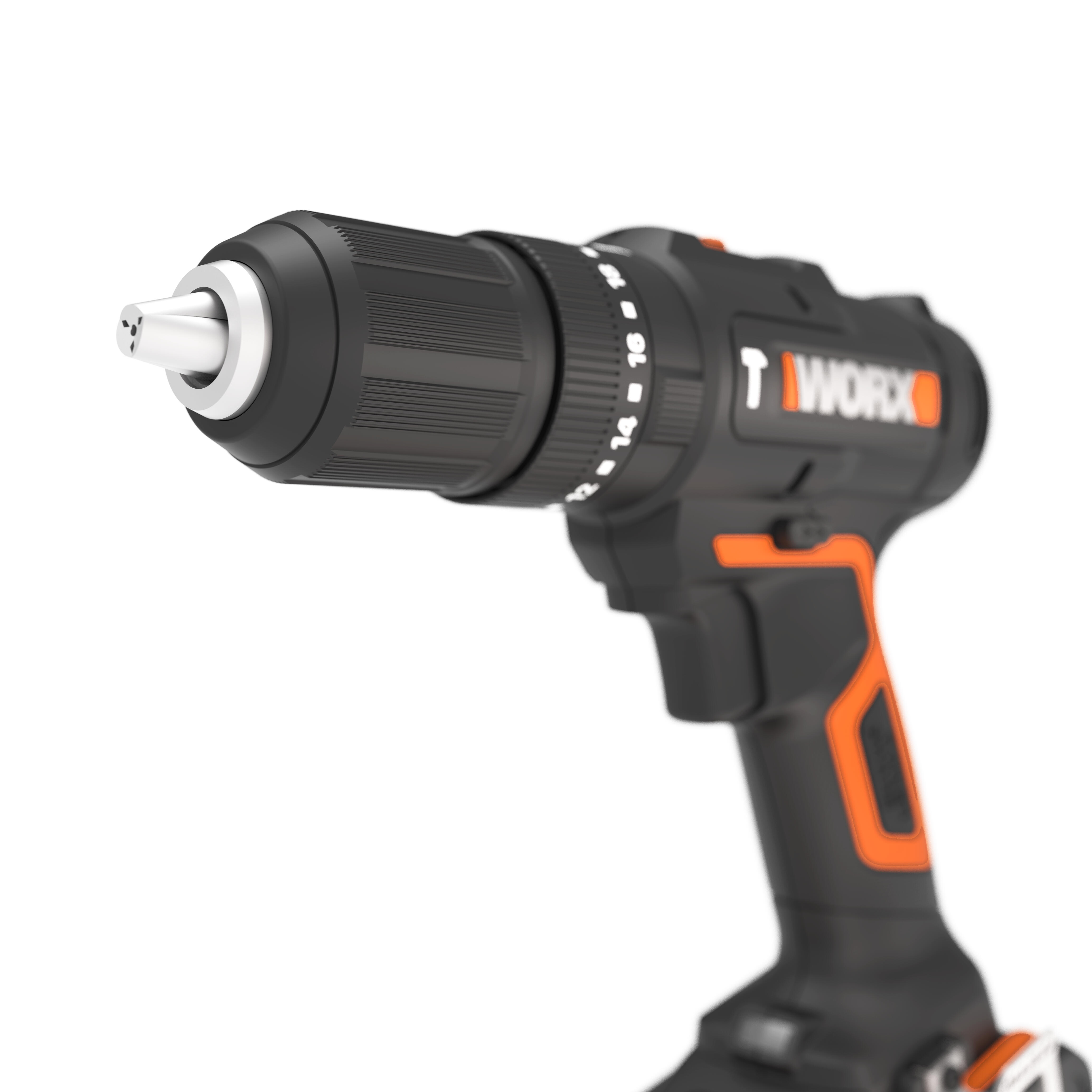 Taladro percutor a batería WORX 20V - 2 baterias :2 baterías de 20V y 2,0Ah - cargador de batería rápido de 1 hora, 1 estuche enrollable con 30 brocas y puntas, 1 maletín de transporte - POWERSHARE - 18