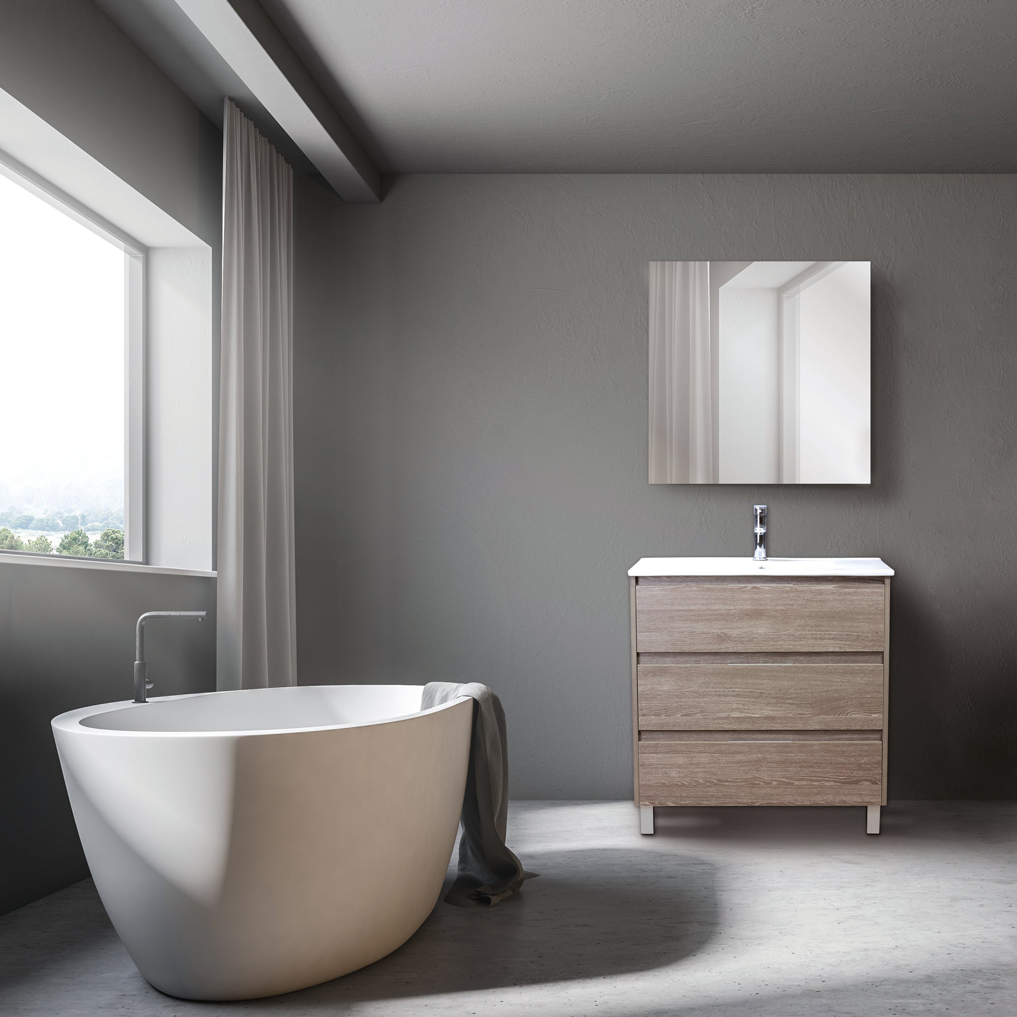 Mueble de baño con lavabo y espejo guano roble 60x45 cm
