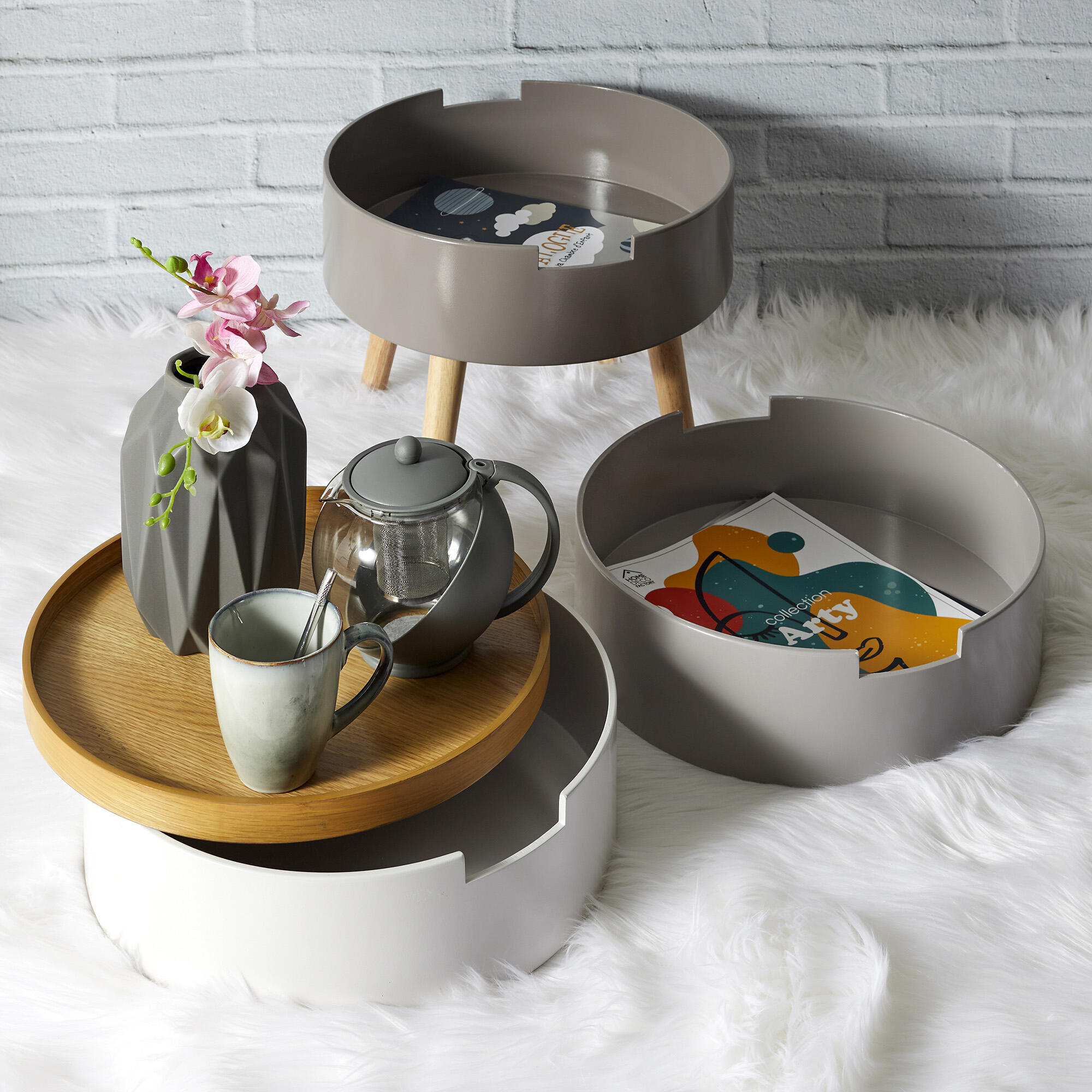 Mesa auxiliar redonda de mdf color gris de 38x38x38cm