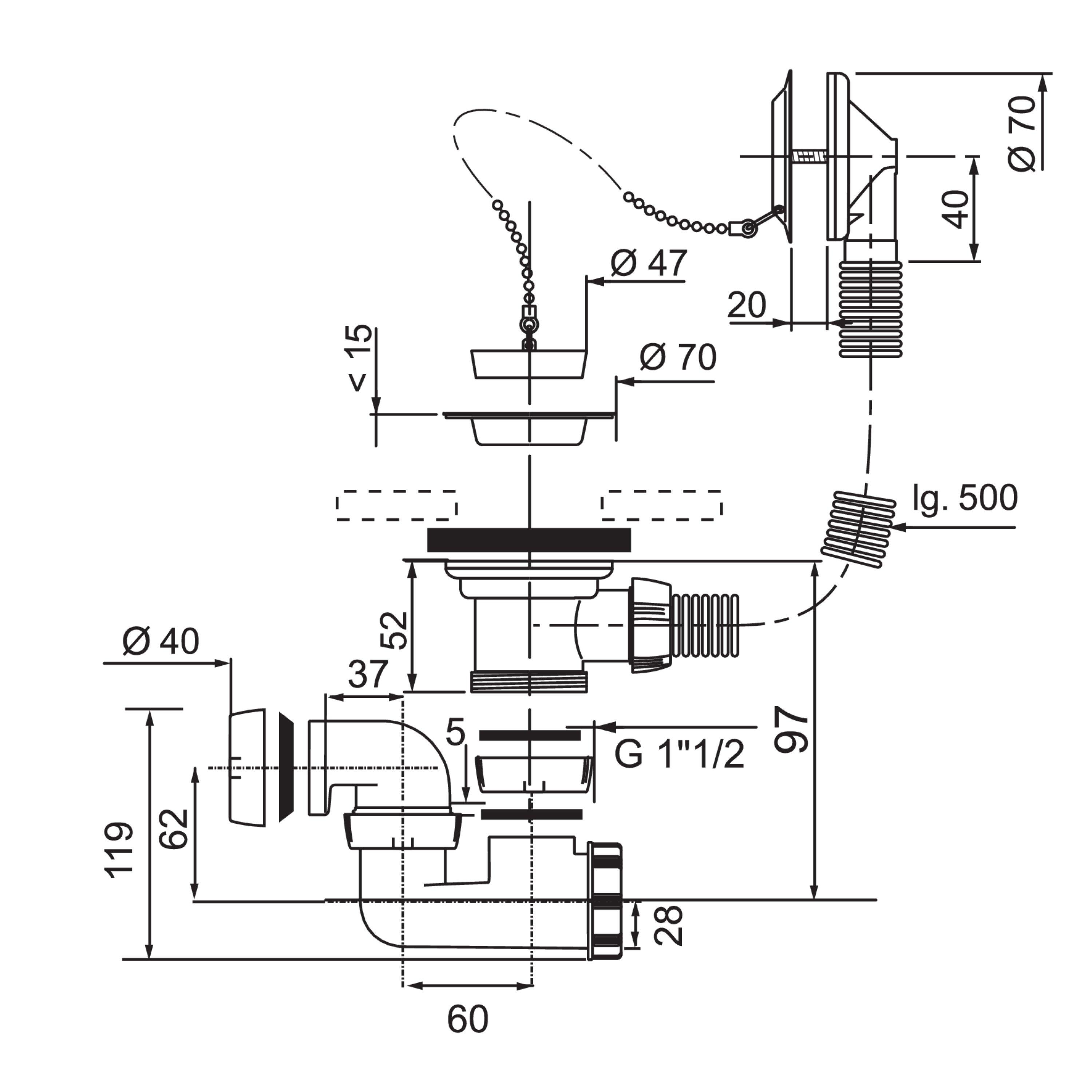 Válvula sifónica para bañera EQUATION de acero cromado de 1''1/2 D70 mm - 2