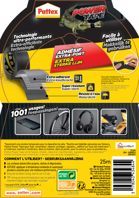 Ruban adhésif de PATTEX Power tape, face unique L.25 m x l.51 mm noir - 9