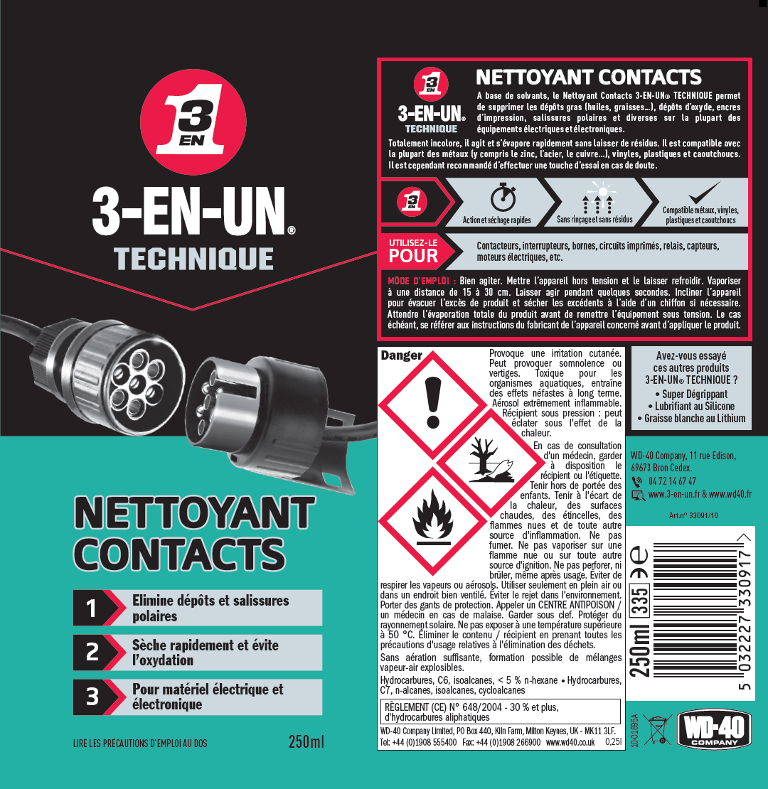 Nettoyant contacts électriques 3-EN-UN TECHNIQUE en aérosol 250 ml - 12