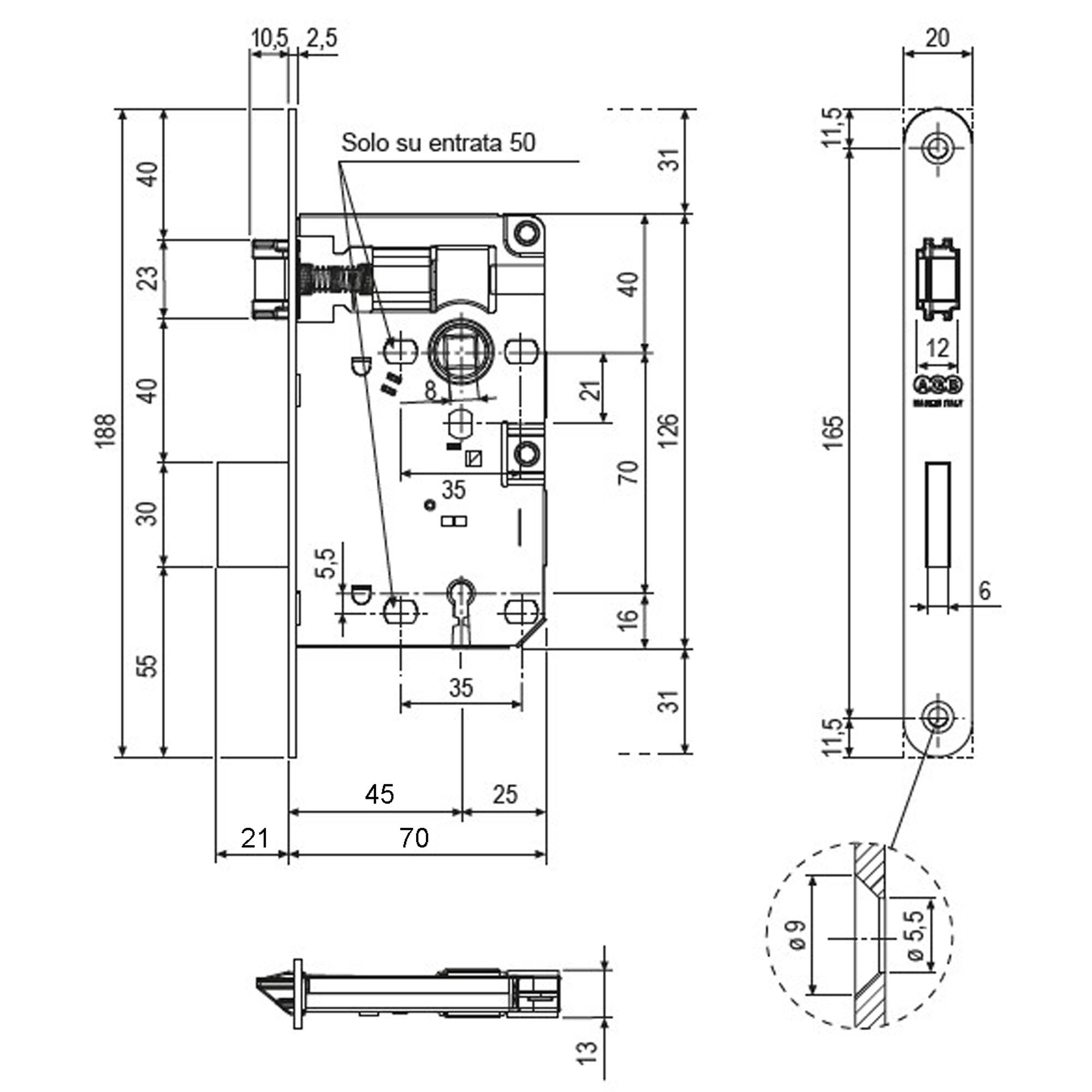 Serratura da infilare con cilindro Patent interasse 70 mm - 3