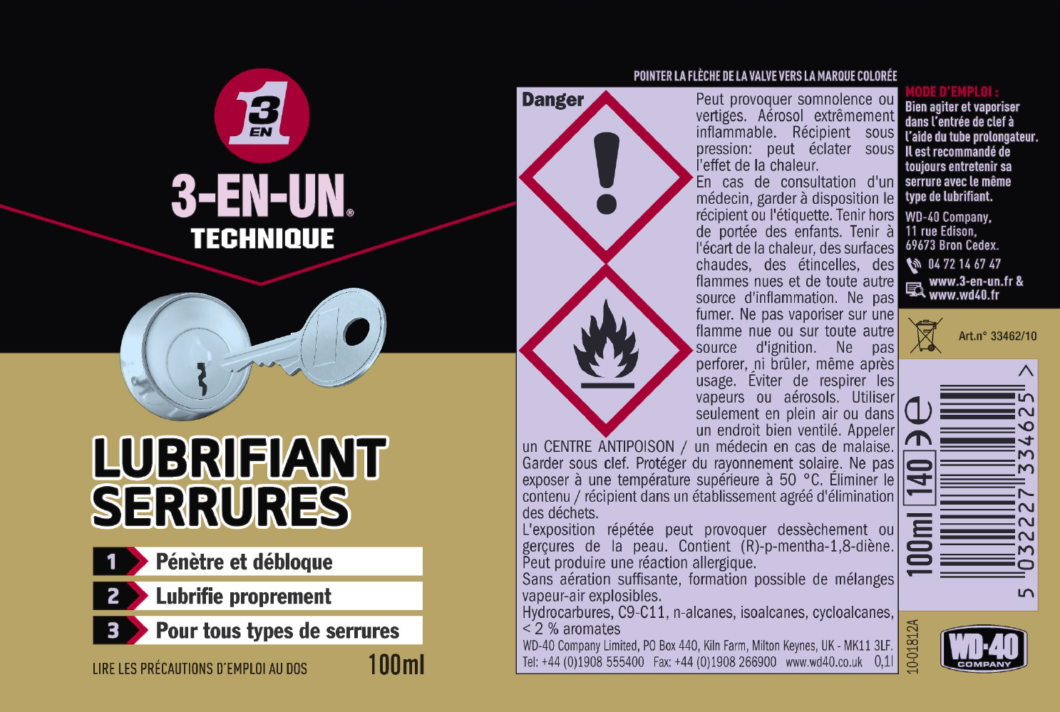 Lubrifiant pour serrure 3-EN-UN TECHNIQUE en aérosol 100 ml - 14