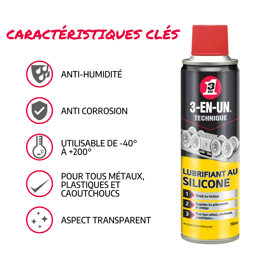 Lubrifiant au silicone t 3-EN-UN TECHNIQUE en aérosol 250 ml - 2