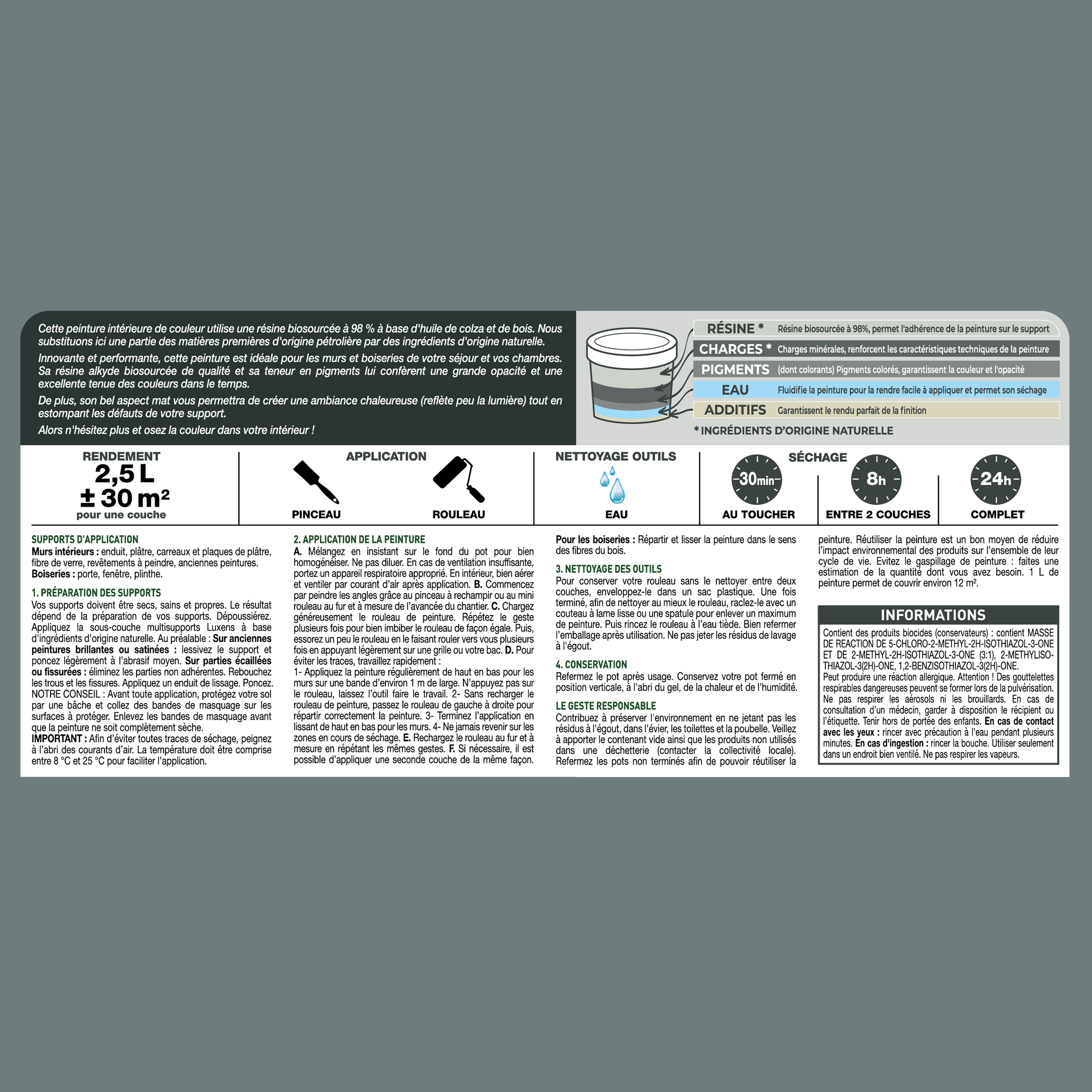 Peinture mur, boiserie emerald 0 mat LUXENS Biosourcée 2.5L - 6