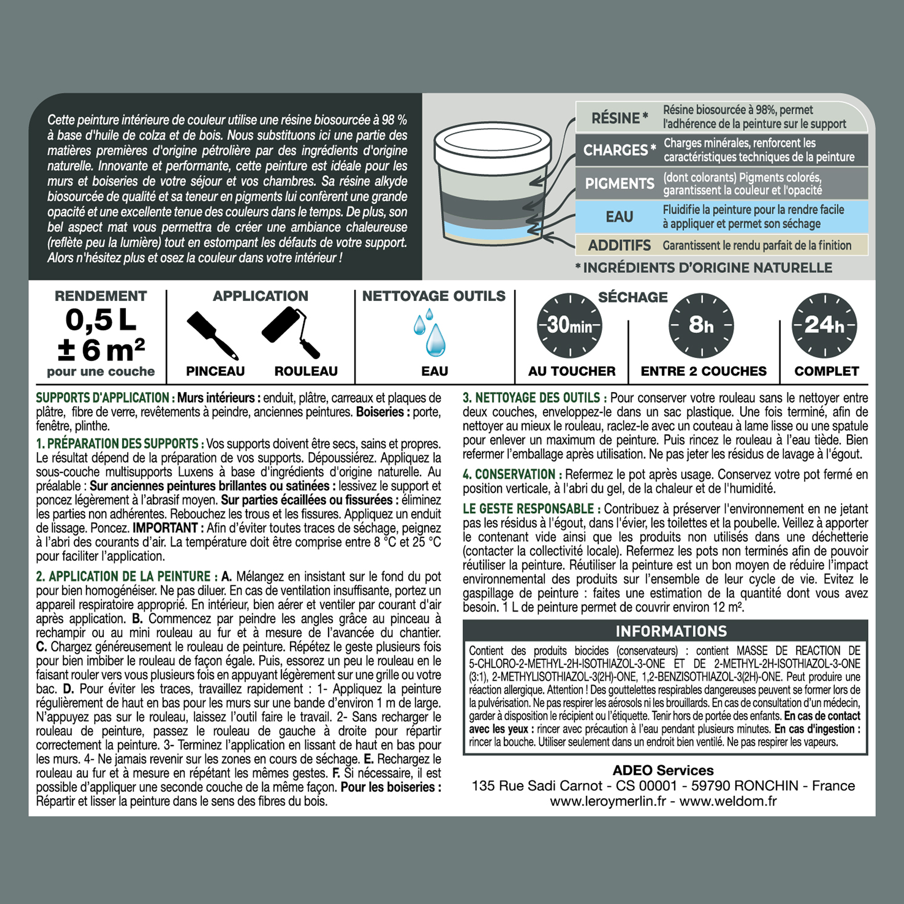 Peinture mur, boiserie fjord 3 mat LUXENS Biosourcée 0.5L - 6