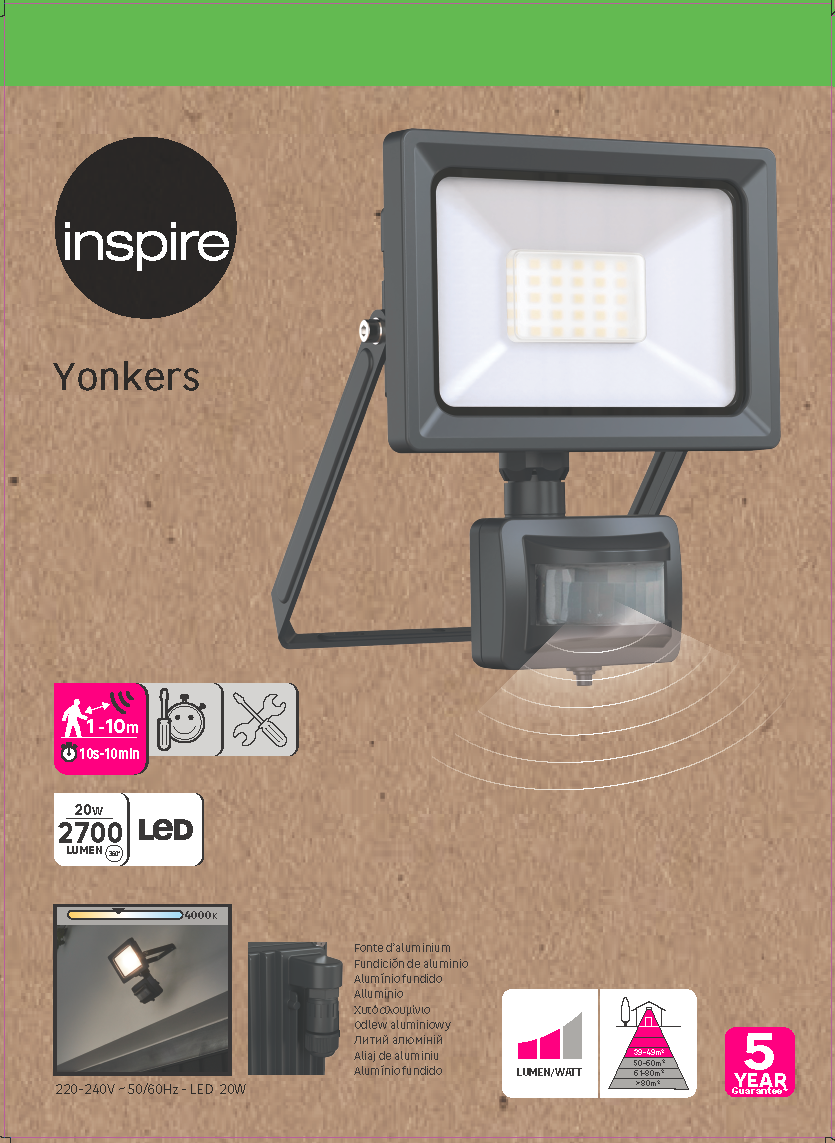 Faro da esterno con sensore di movimento Yonkers in alluminio, antracite, Modulo LED 20W INSPIRE - 11