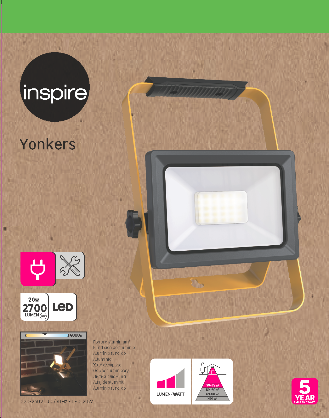 Proyector LED exterior INSPIRE Yonkers rectangular luz neutra 4000K 20W 2700 lm IP65 resistente a la lluvia y al polvo - 12