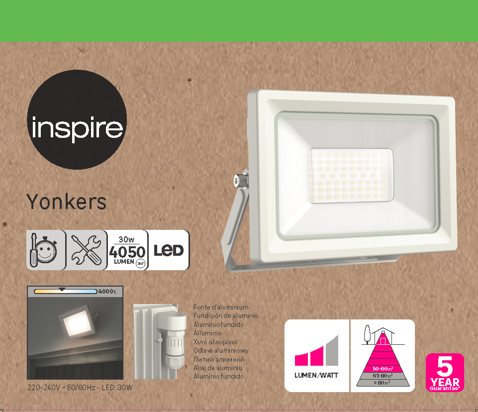 Proyector LED exterior orientable INSPIRE Yonkers rectangular luz neutra 4000K 30W 4050 lm IP65 resistente a la lluvia y al polvo - 11