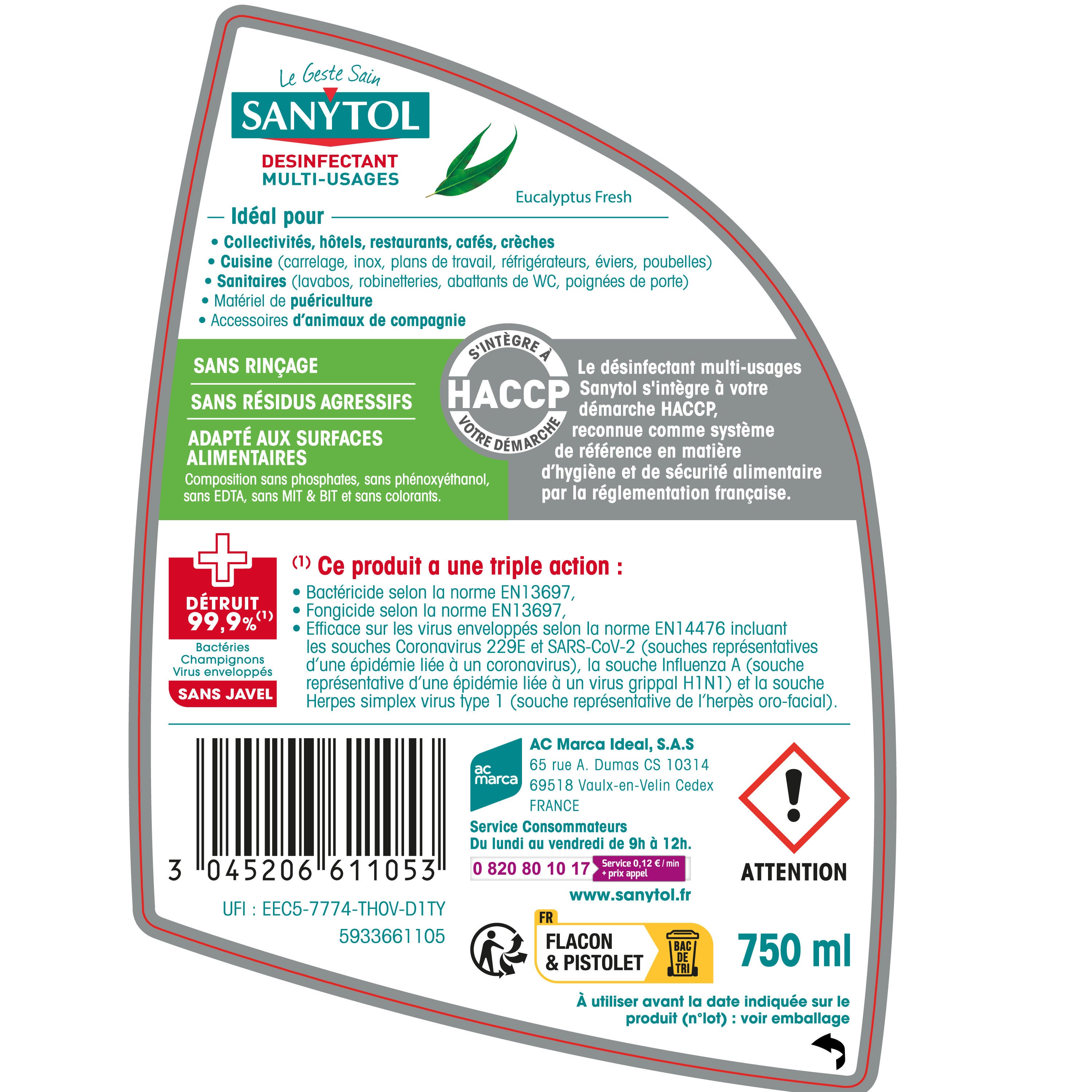 Désinfectant SANYTOL Professionnel, multi usages eucalyptus 0.75L - 4