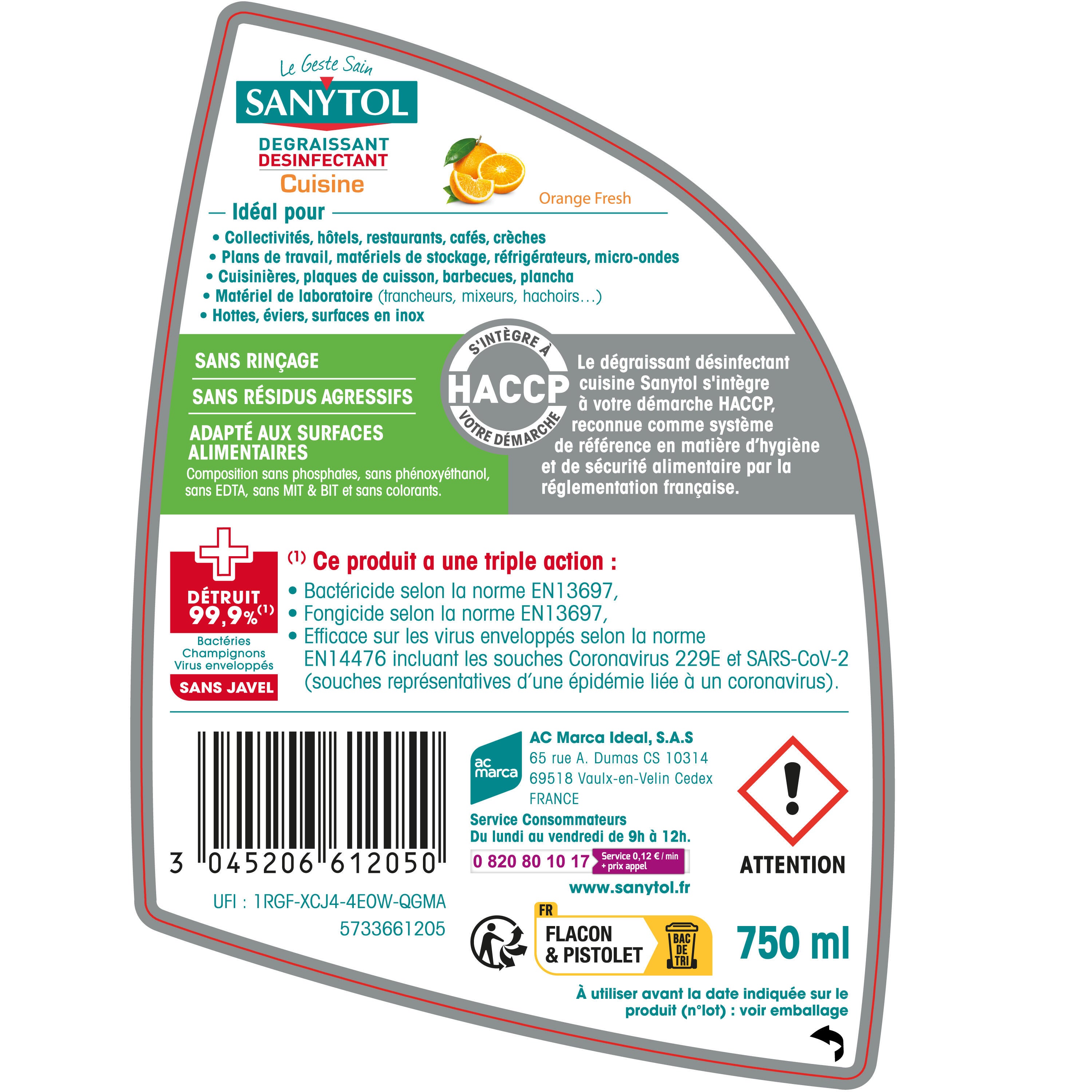 Dégraissant liquide désinfectant cuisine SANYTOL 0,75L - 3