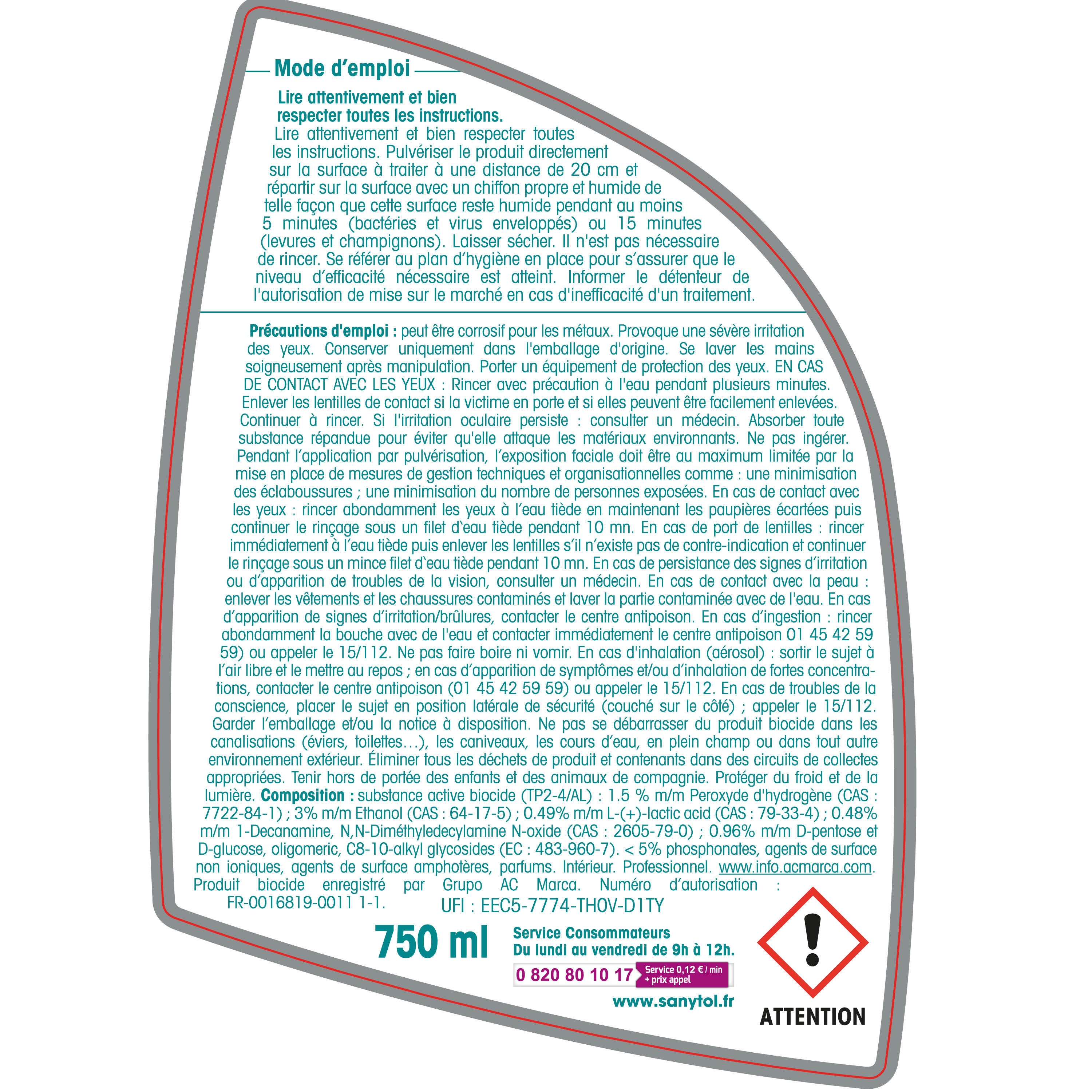Désinfectant SANYTOL Professionnel, multi usages eucalyptus 0.75L - 5