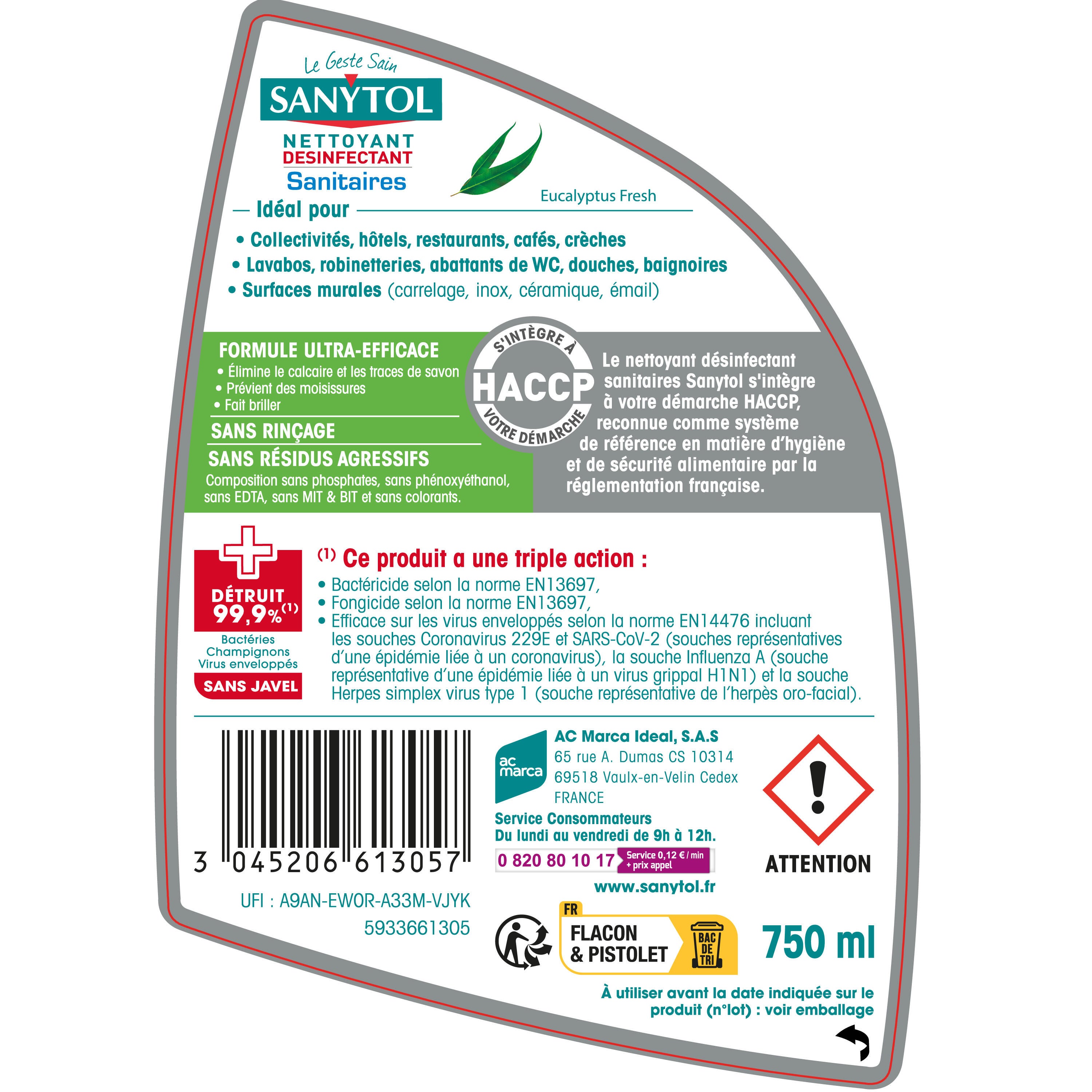 Désinfectant SANYTOL Professionnel, sanitaire eucalyptus 0.75L - 3