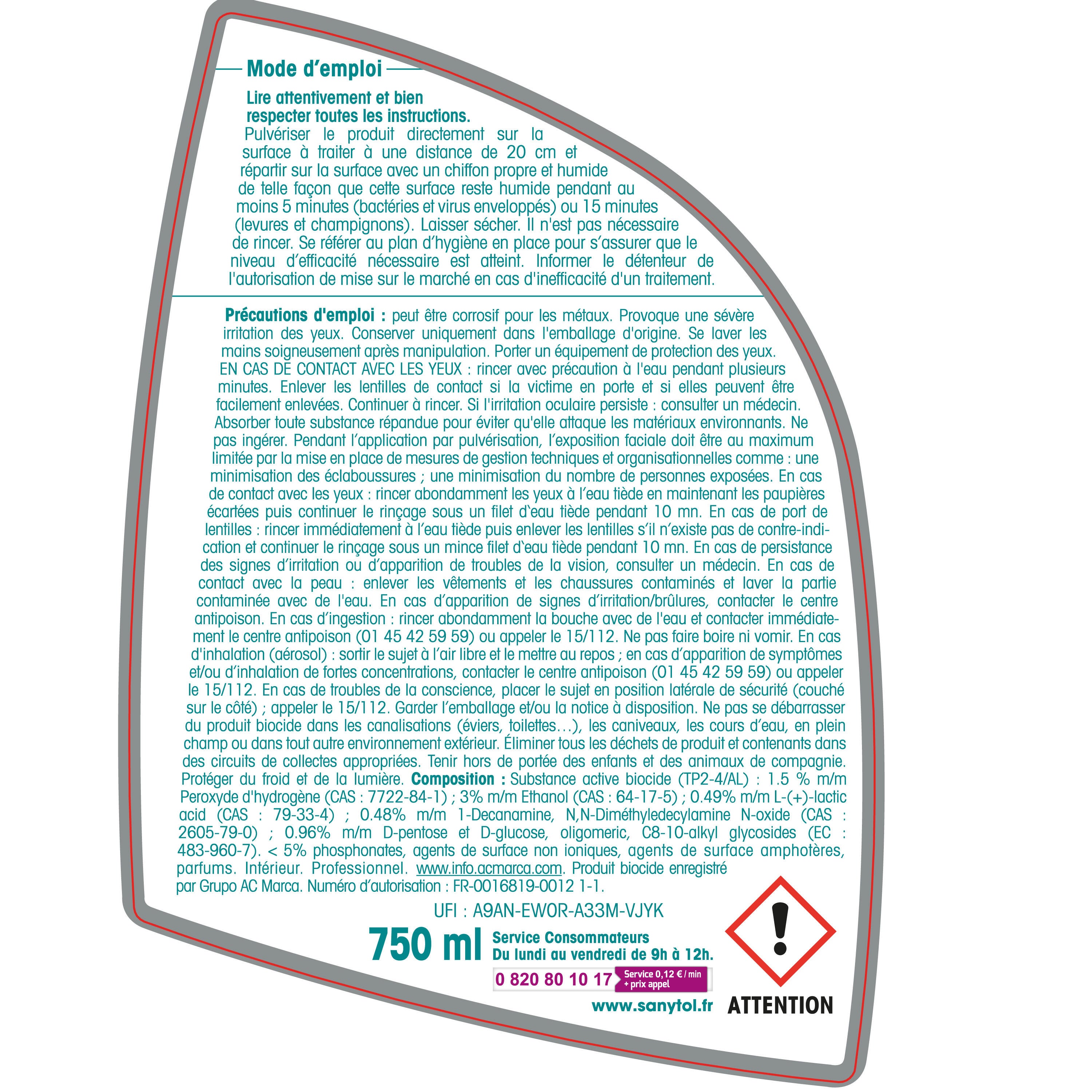 Désinfectant SANYTOL Professionnel, sanitaire eucalyptus 0.75L - 4