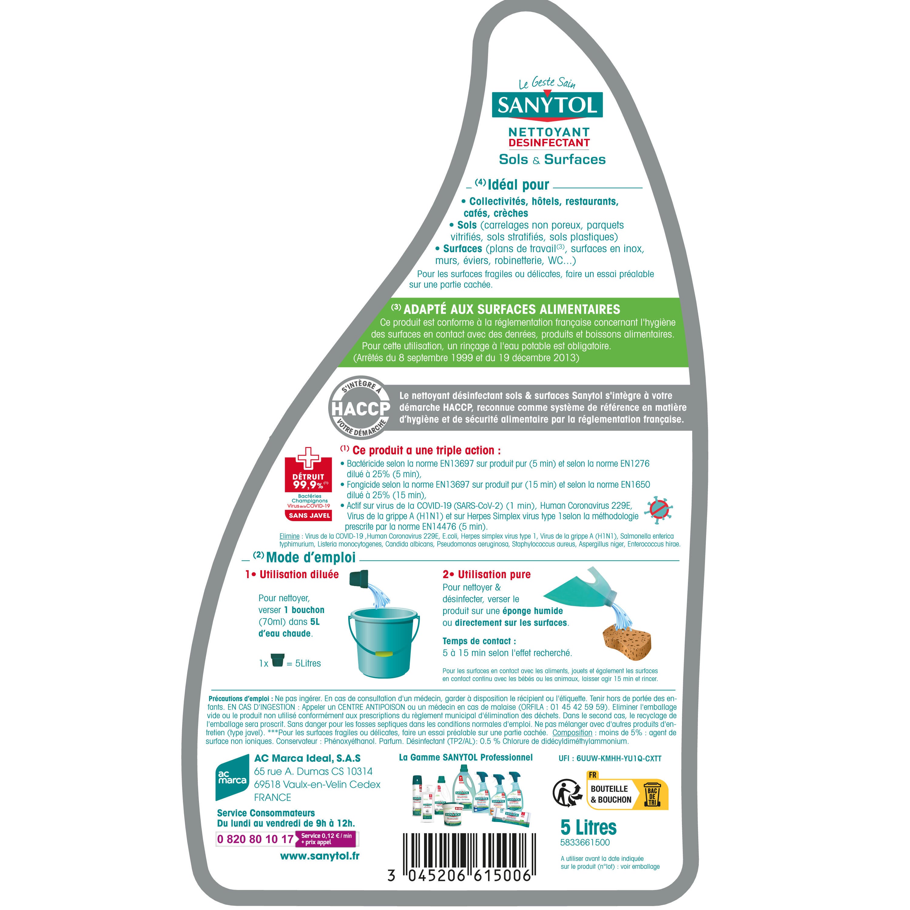 Désinfectant SANYTOL Sols multi surfaces eucalyptus, 5L - 5