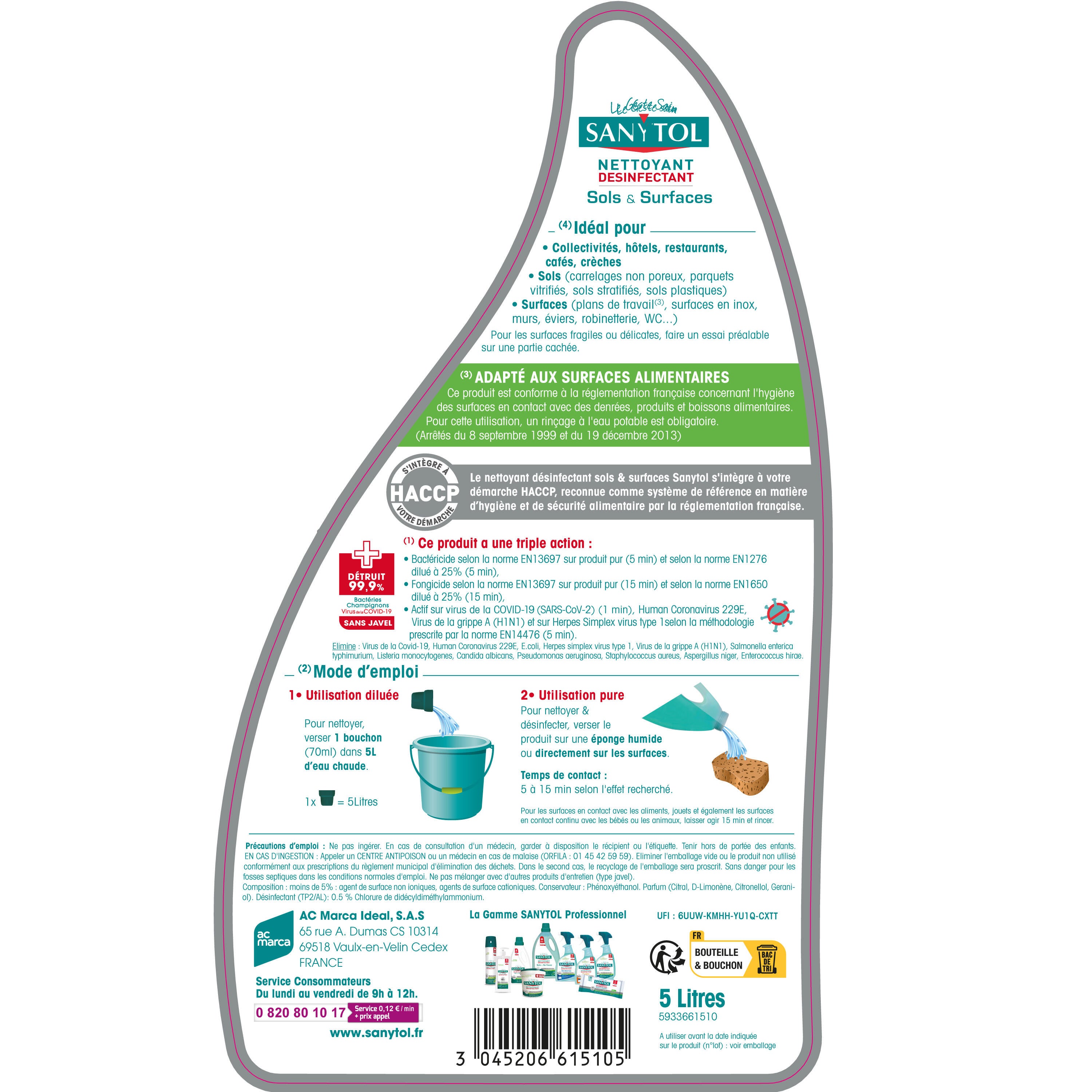 Désinfectant liquide SANYTOL Professionnel, sols et surfaces citron 5L - 5